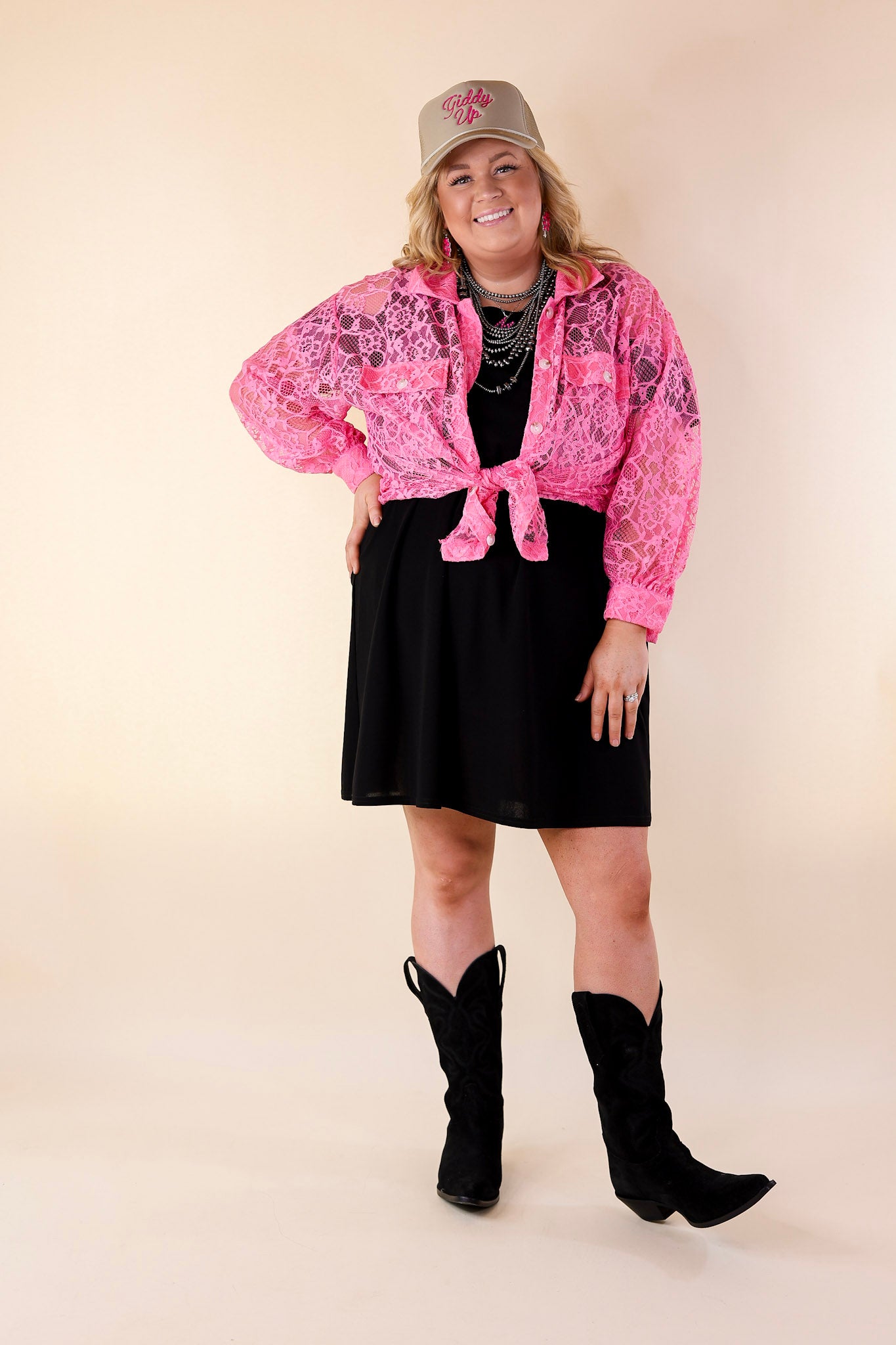 Sheer Chic Collared Button Up Lace Top in Pink Cosmos - Giddy Up Glamour Boutique