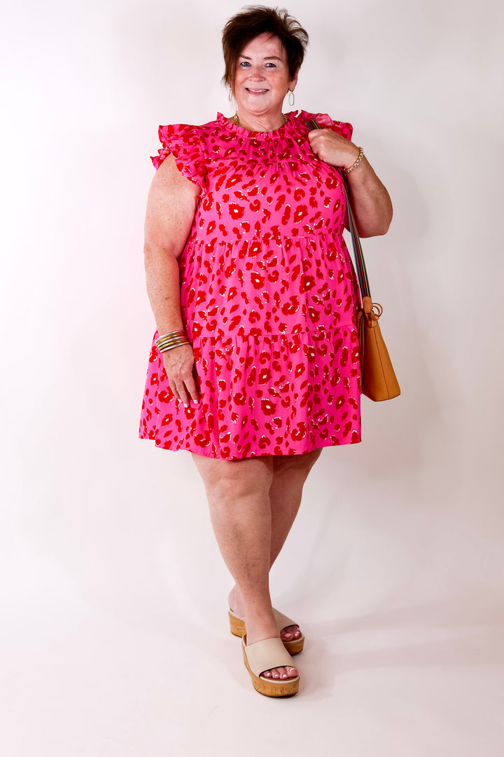 Daring and Delightful Leopard Print Dress with Ruffle Cap Sleeves in Pink - Giddy Up Glamour Boutique