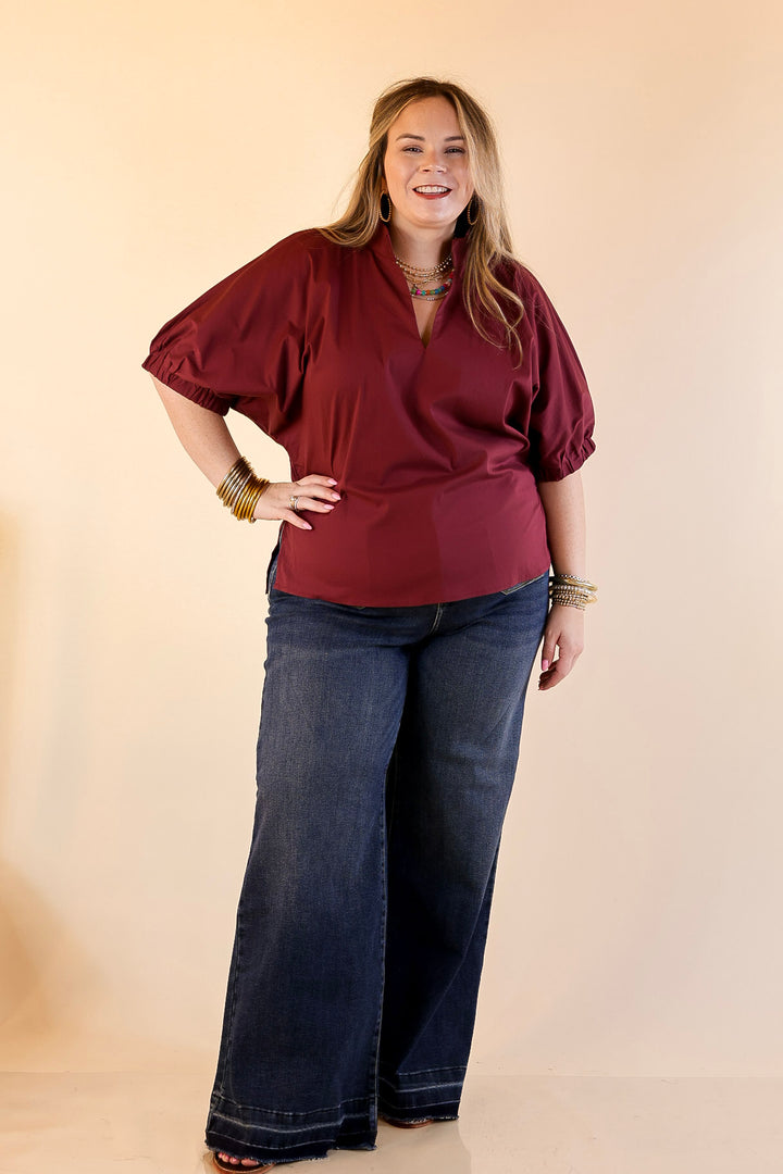 Elevated Basic V-Neck Blouse With Drop Shoulder in Maroon
