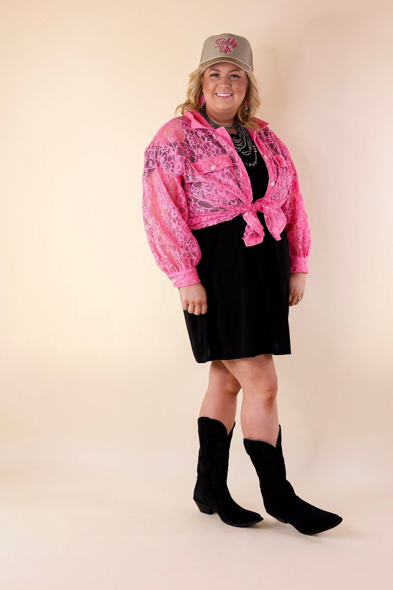 Sheer Chic Collared Button Up Lace Top in Pink Cosmos - Giddy Up Glamour Boutique