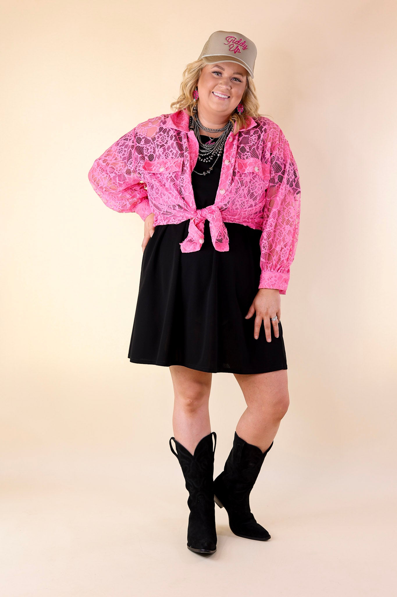 Sheer Chic Collared Button Up Lace Top in Pink Cosmos - Giddy Up Glamour Boutique