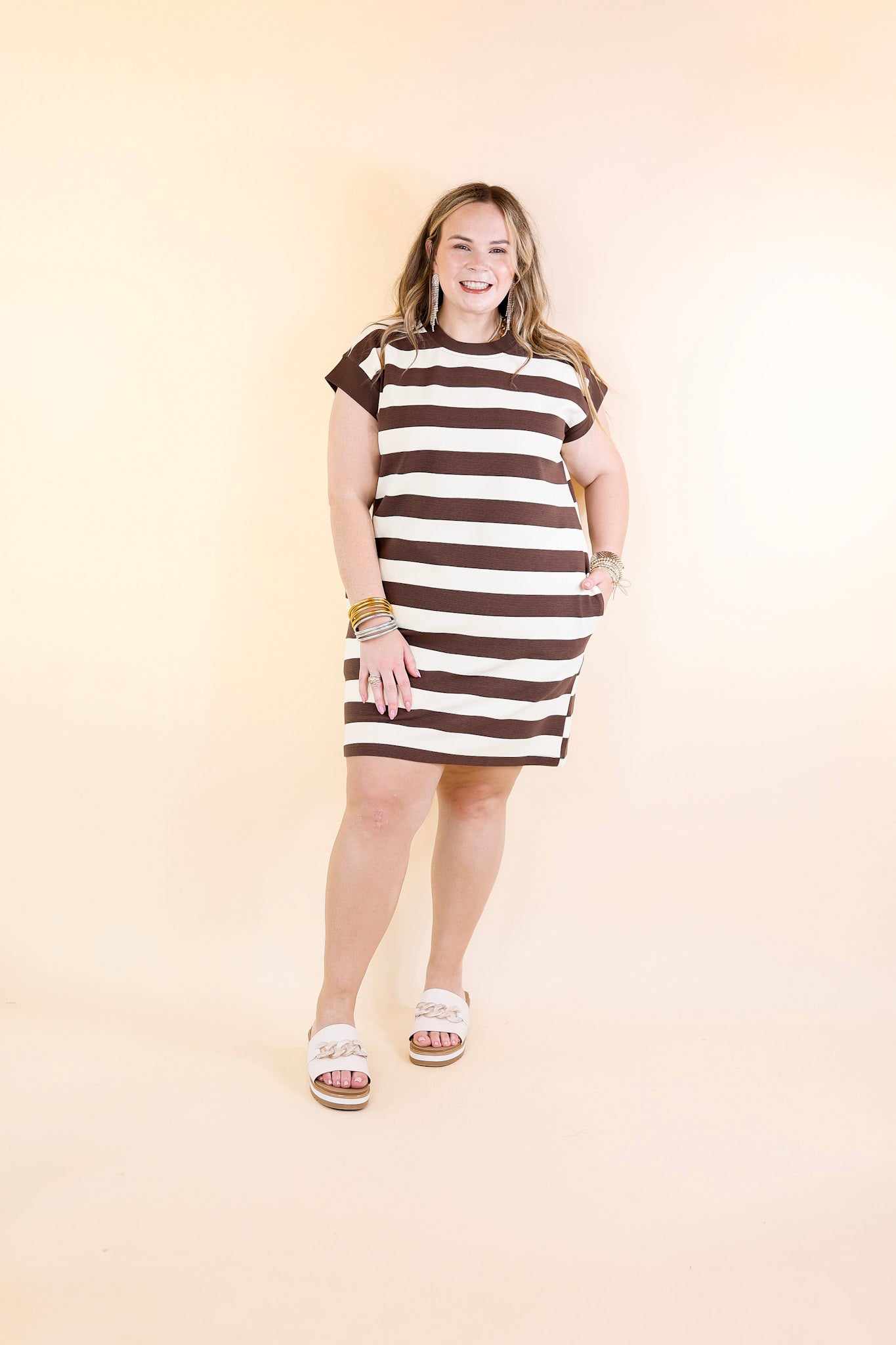 Stripe it Simple Striped Dress with Cap Sleeves in Brown and Cream