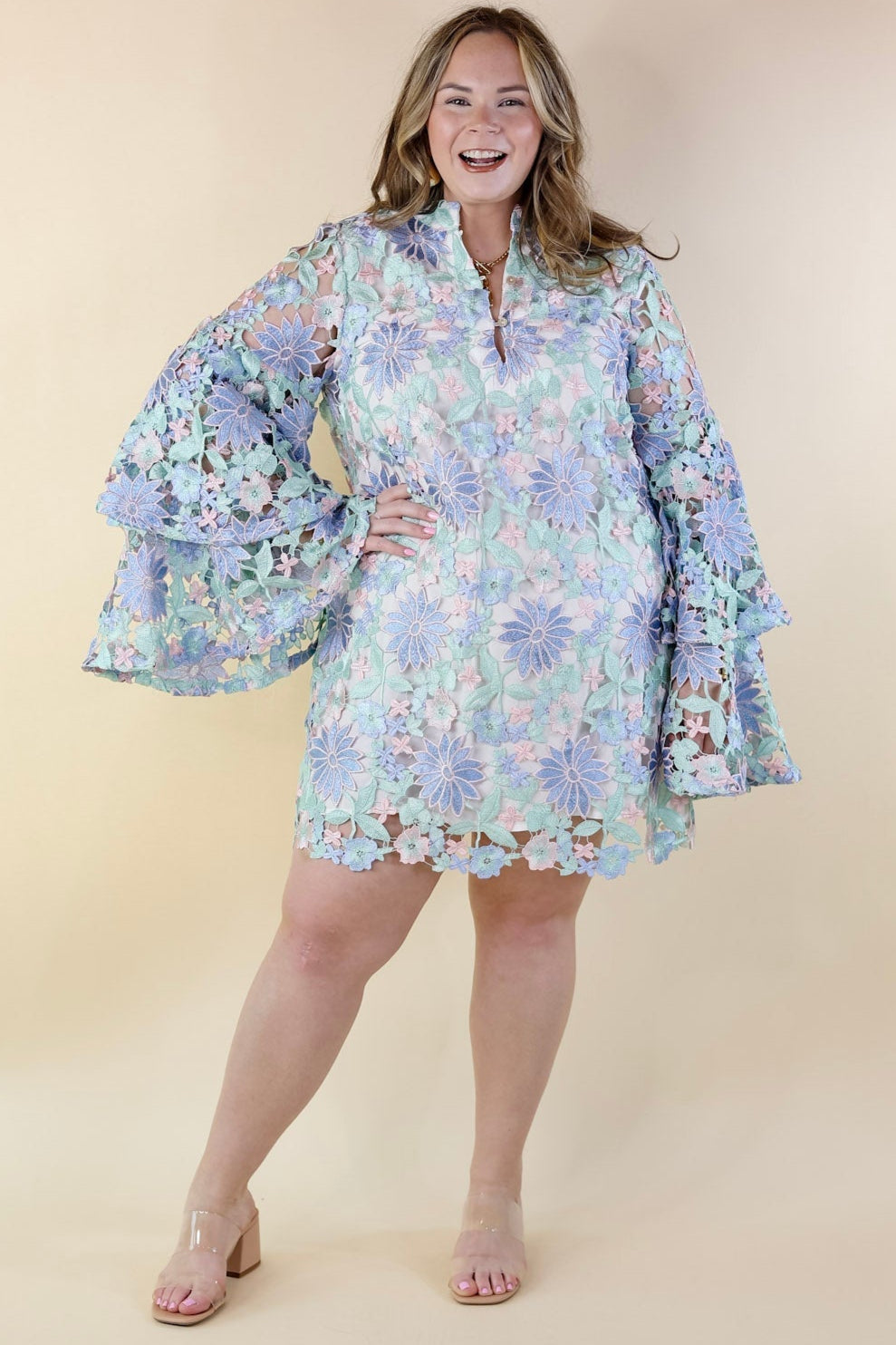 BuddyLove | Gayle Long Sleeve Mini Dress in Bellflower (Blue, Mint Green and Pink) - Giddy Up Glamour Boutique