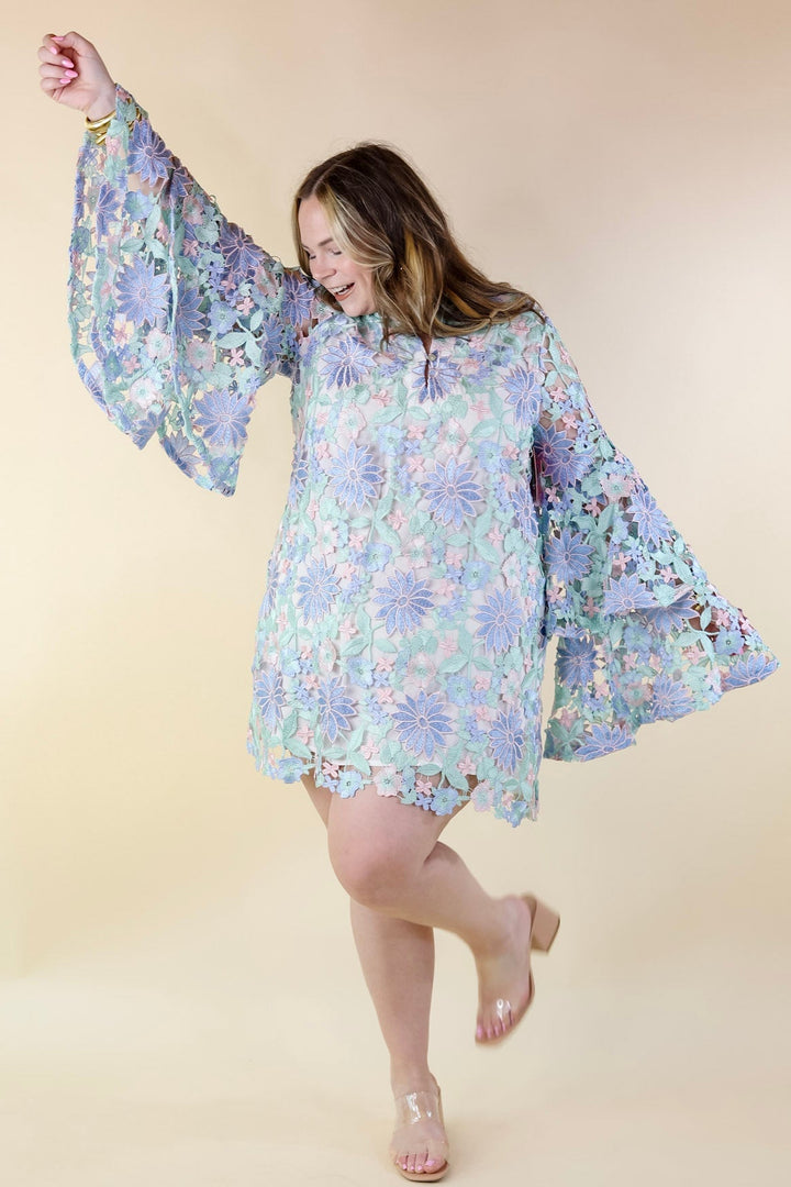 BuddyLove | Gayle Long Sleeve Mini Dress in Bellflower (Blue, Mint Green and Pink) - Giddy Up Glamour Boutique