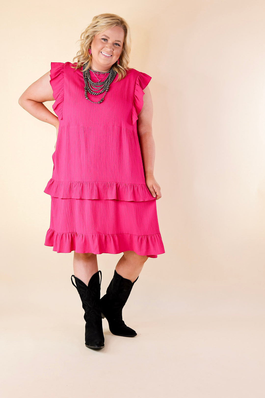 Dreaming Bigger Ruffle Detail Midi Dress in Pink - Giddy Up Glamour Boutique