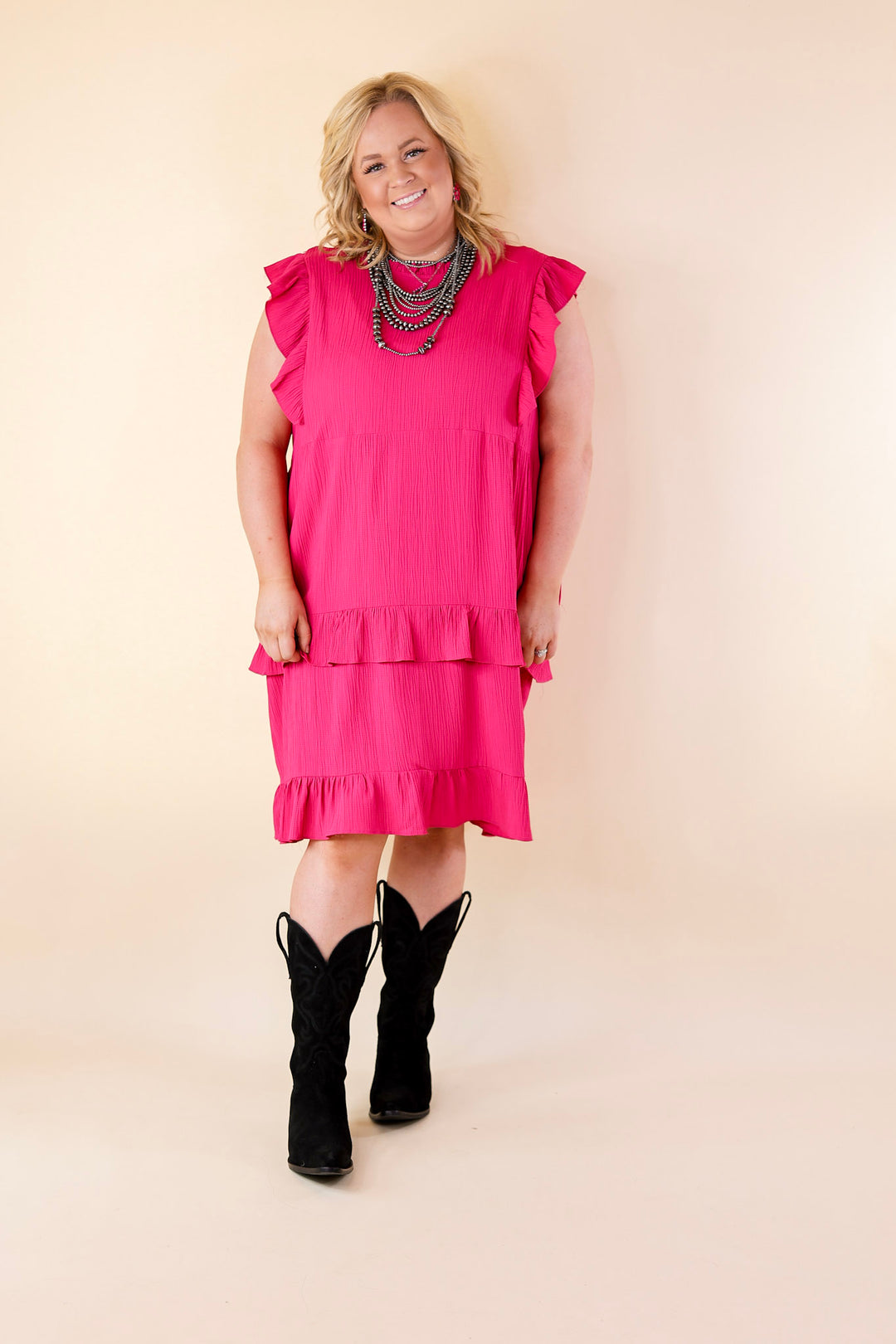Dreaming Bigger Ruffle Detail Midi Dress in Pink - Giddy Up Glamour Boutique