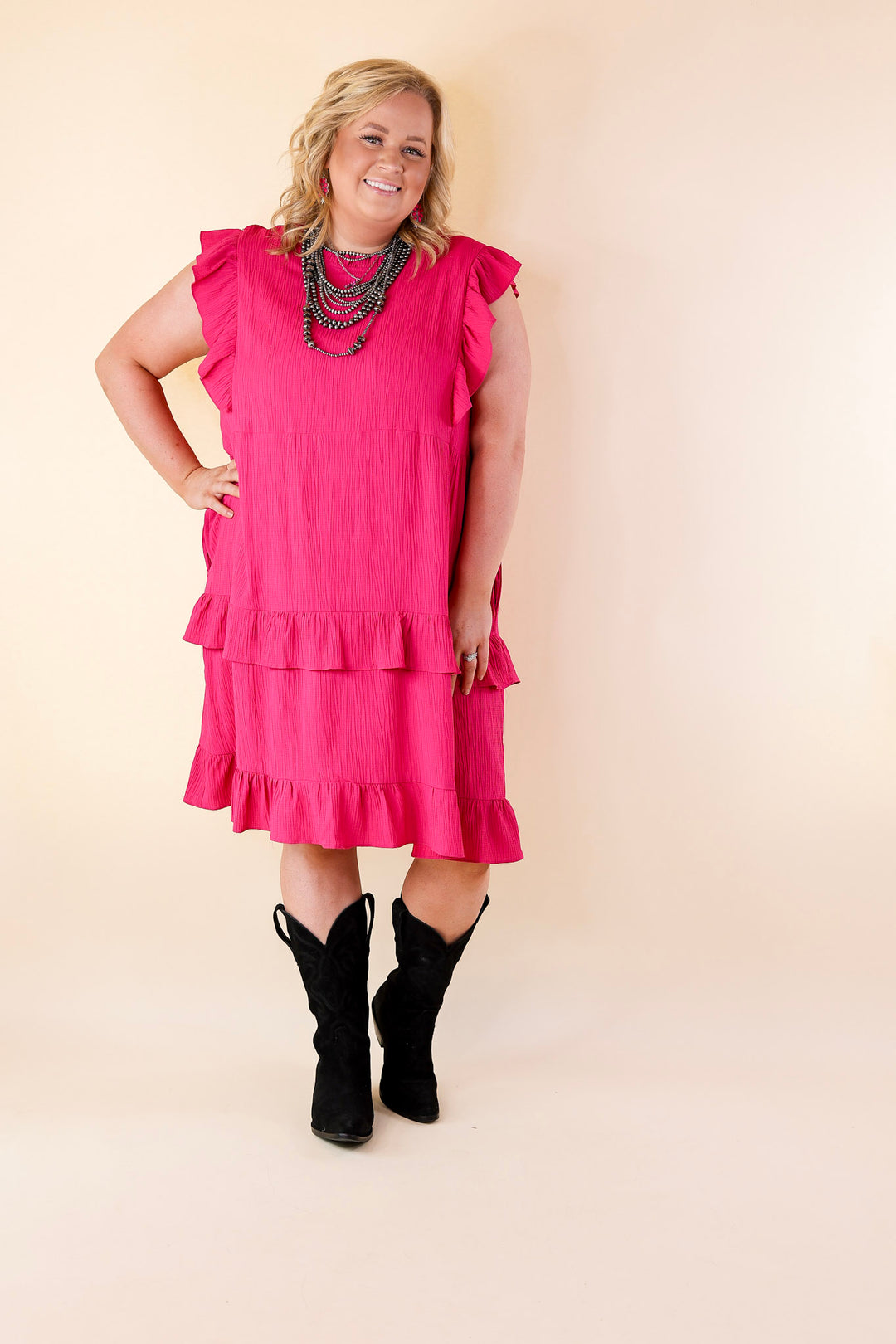 Dreaming Bigger Ruffle Detail Midi Dress in Pink - Giddy Up Glamour Boutique