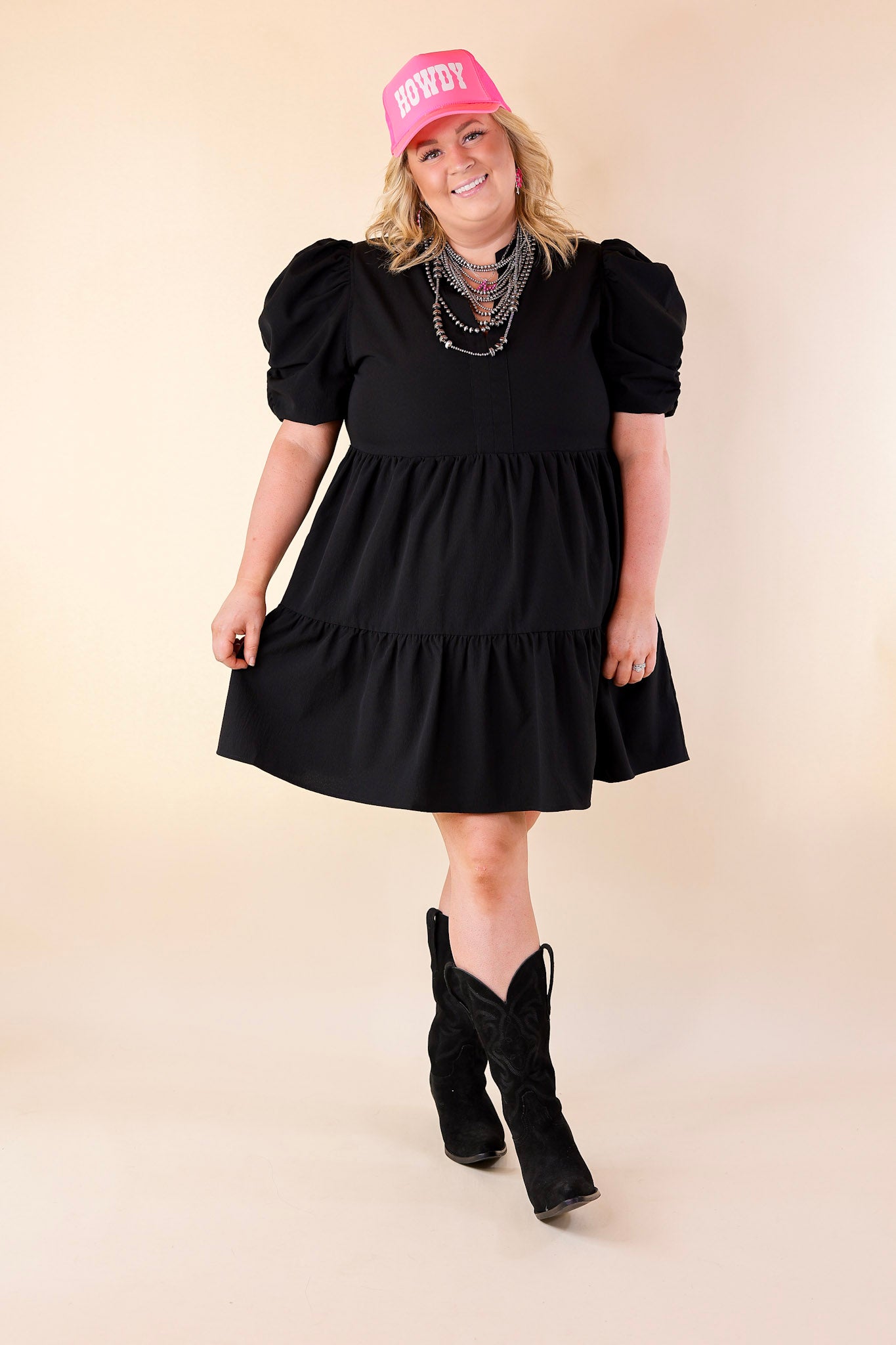 Call Me Chic Balloon Sleeve Short Dress in Black - Giddy Up Glamour Boutique
