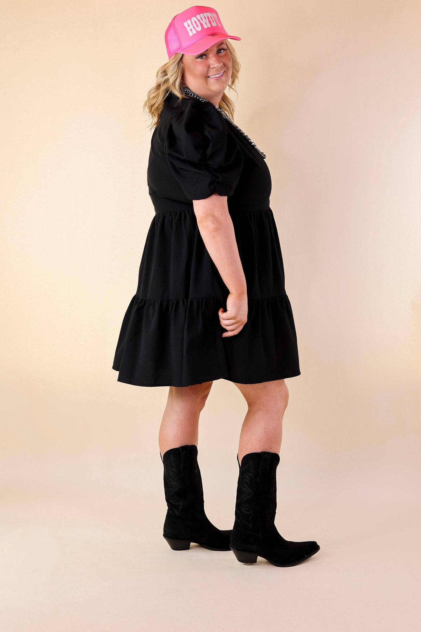 Call Me Chic Balloon Sleeve Short Dress in Black - Giddy Up Glamour Boutique