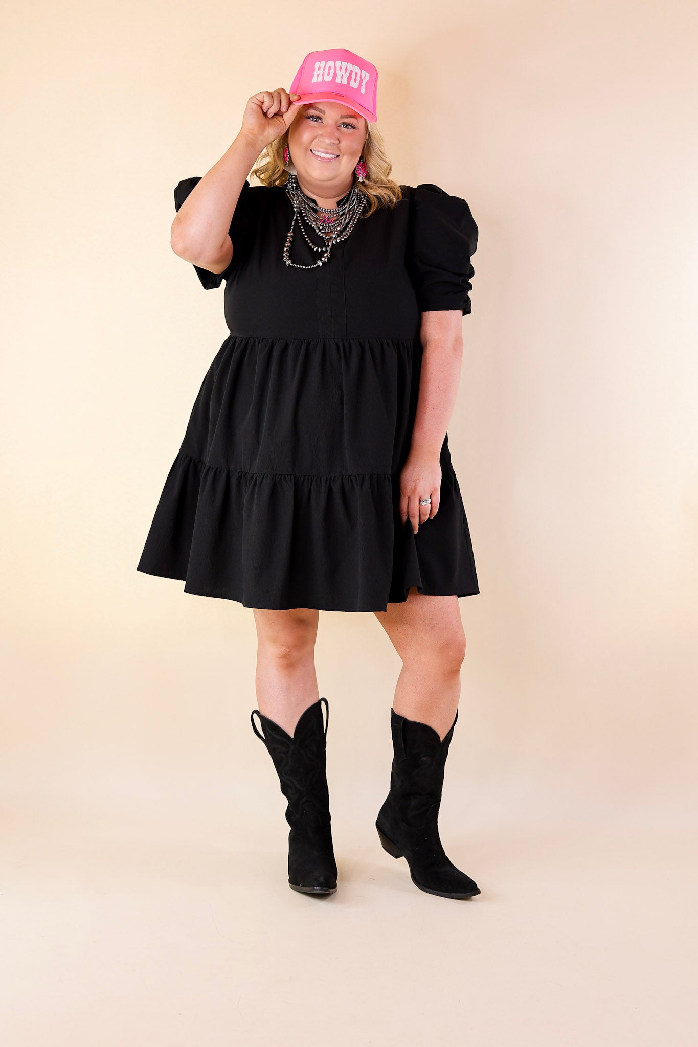 Call Me Chic Balloon Sleeve Short Dress in Black - Giddy Up Glamour Boutique