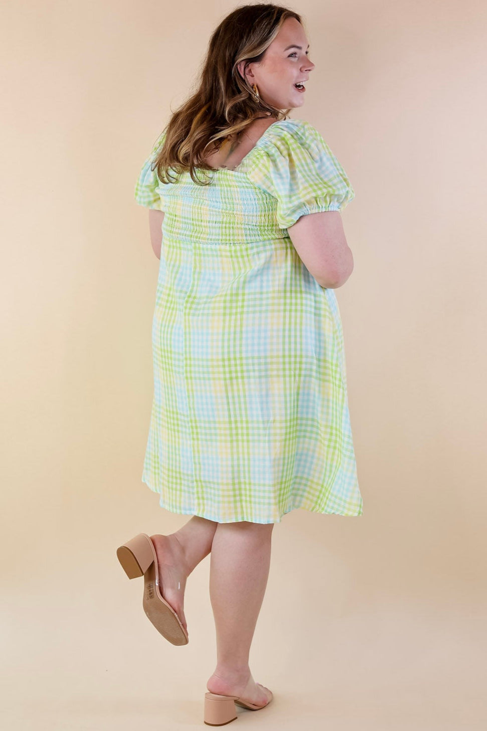 Spring Serenity Plaid Dress with Balloon Sleeves in Green Mix - Giddy Up Glamour Boutique