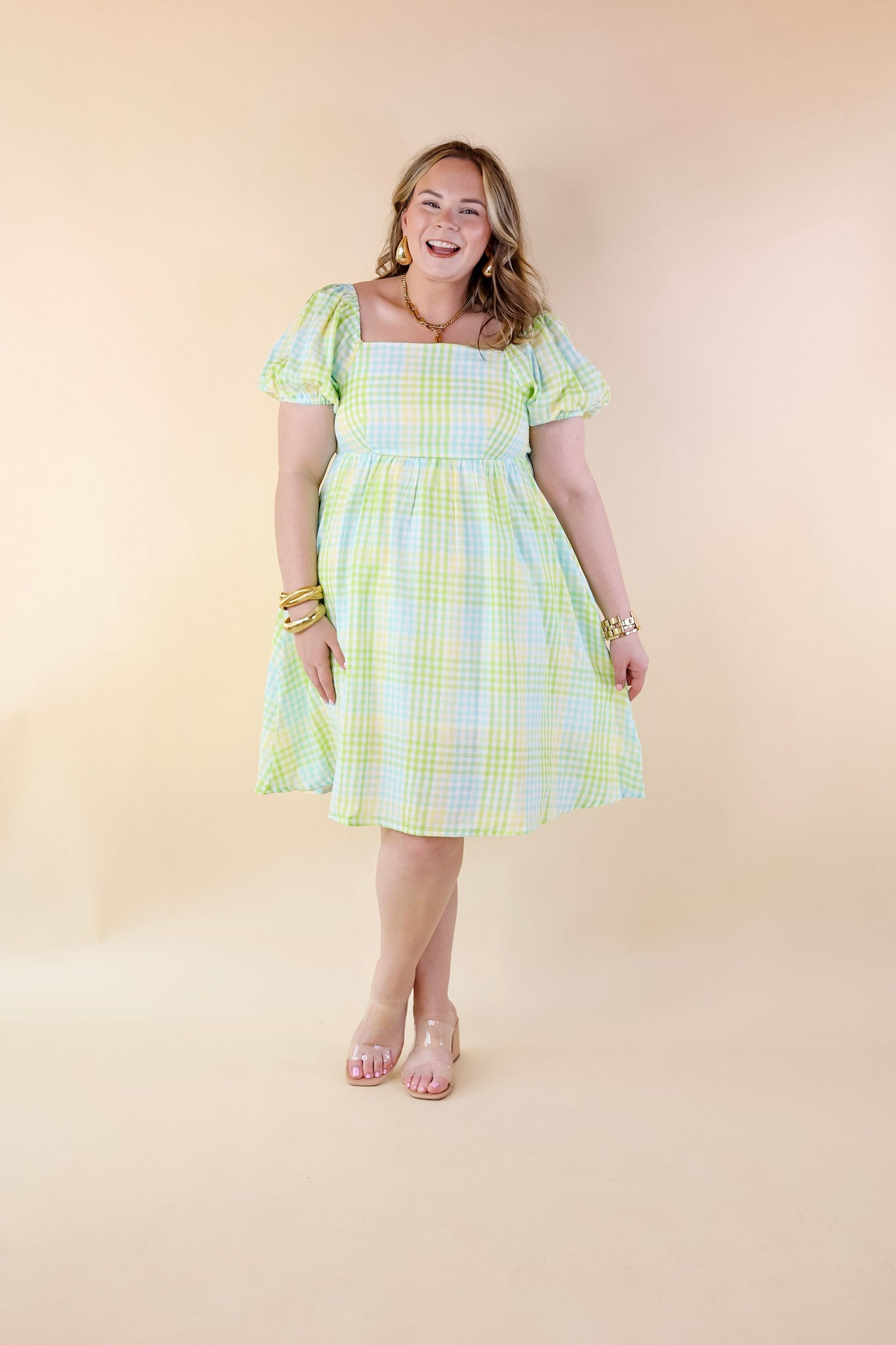 Spring Serenity Plaid Dress with Balloon Sleeves in Green Mix - Giddy Up Glamour Boutique