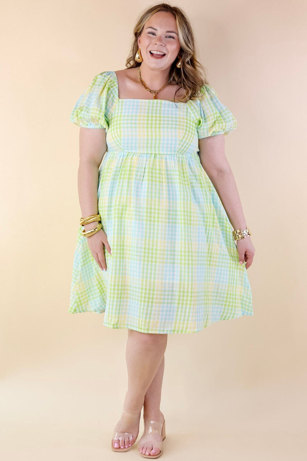 Spring Serenity Plaid Dress with Balloon Sleeves in Green Mix - Giddy Up Glamour Boutique