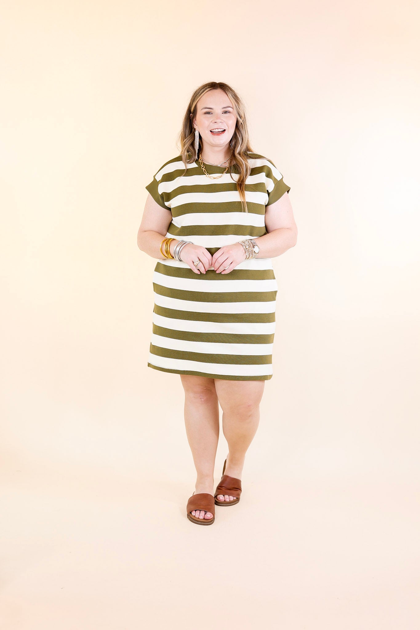 Stripe it Simple Striped Dress with Cap Sleeves in Olive Green and Cream