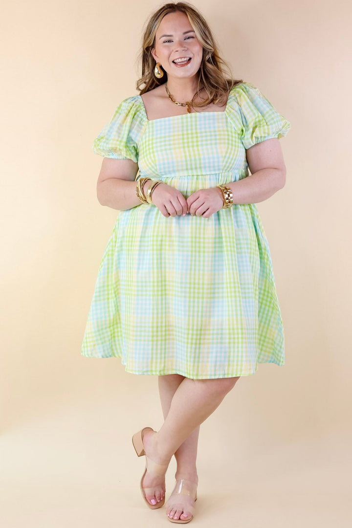 Spring Serenity Plaid Dress with Balloon Sleeves in Green Mix - Giddy Up Glamour Boutique