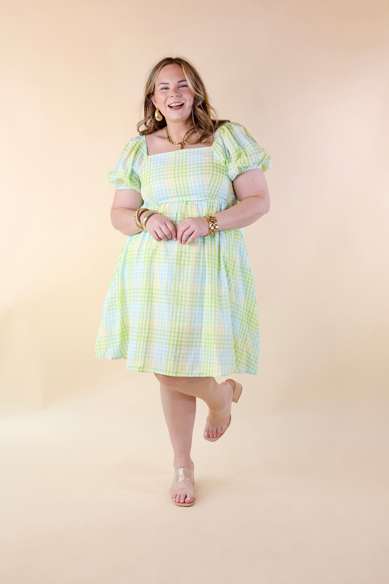 Spring Serenity Plaid Dress with Balloon Sleeves in Green Mix - Giddy Up Glamour Boutique