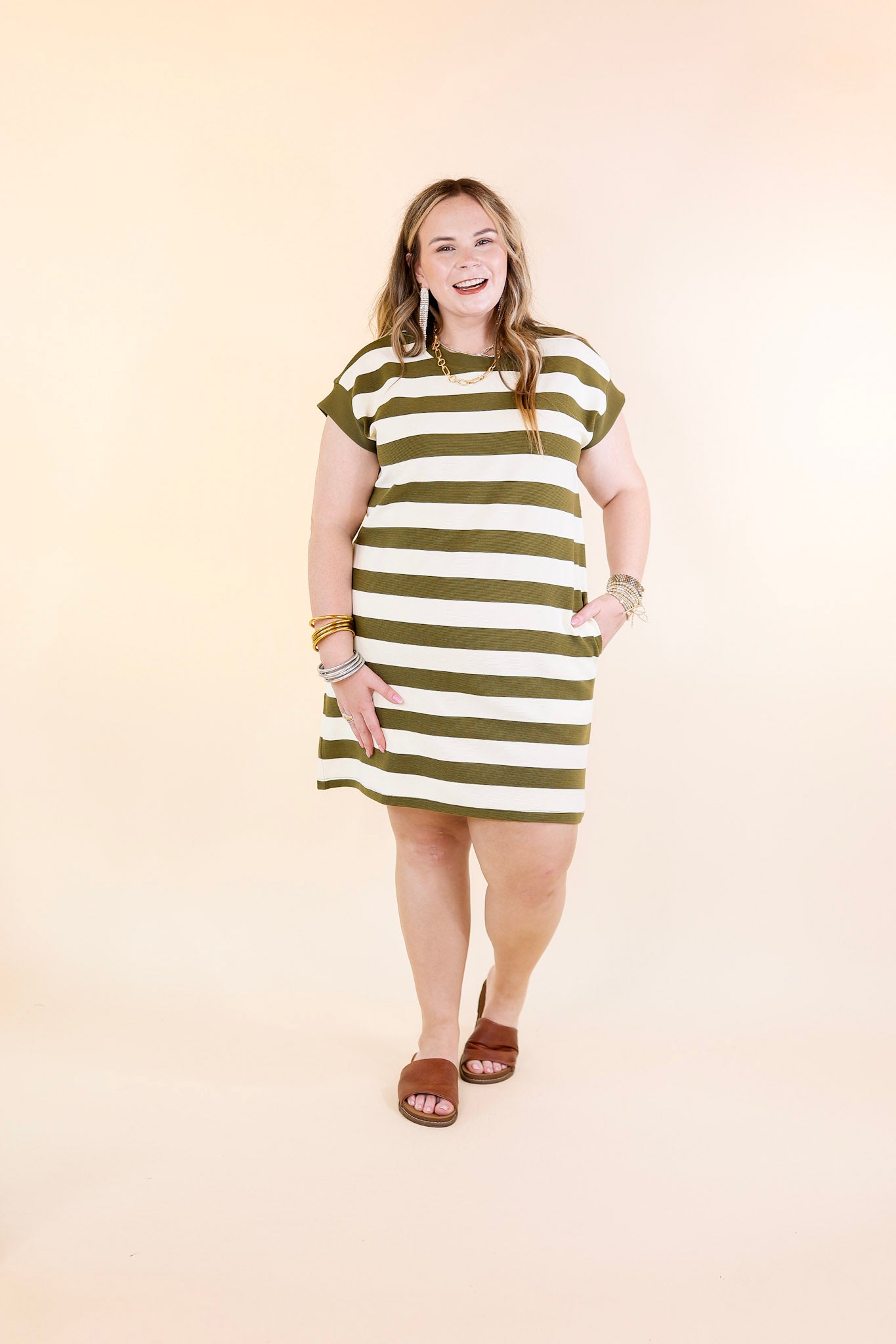 Stripe it Simple Striped Dress with Cap Sleeves in Olive Green and Cream