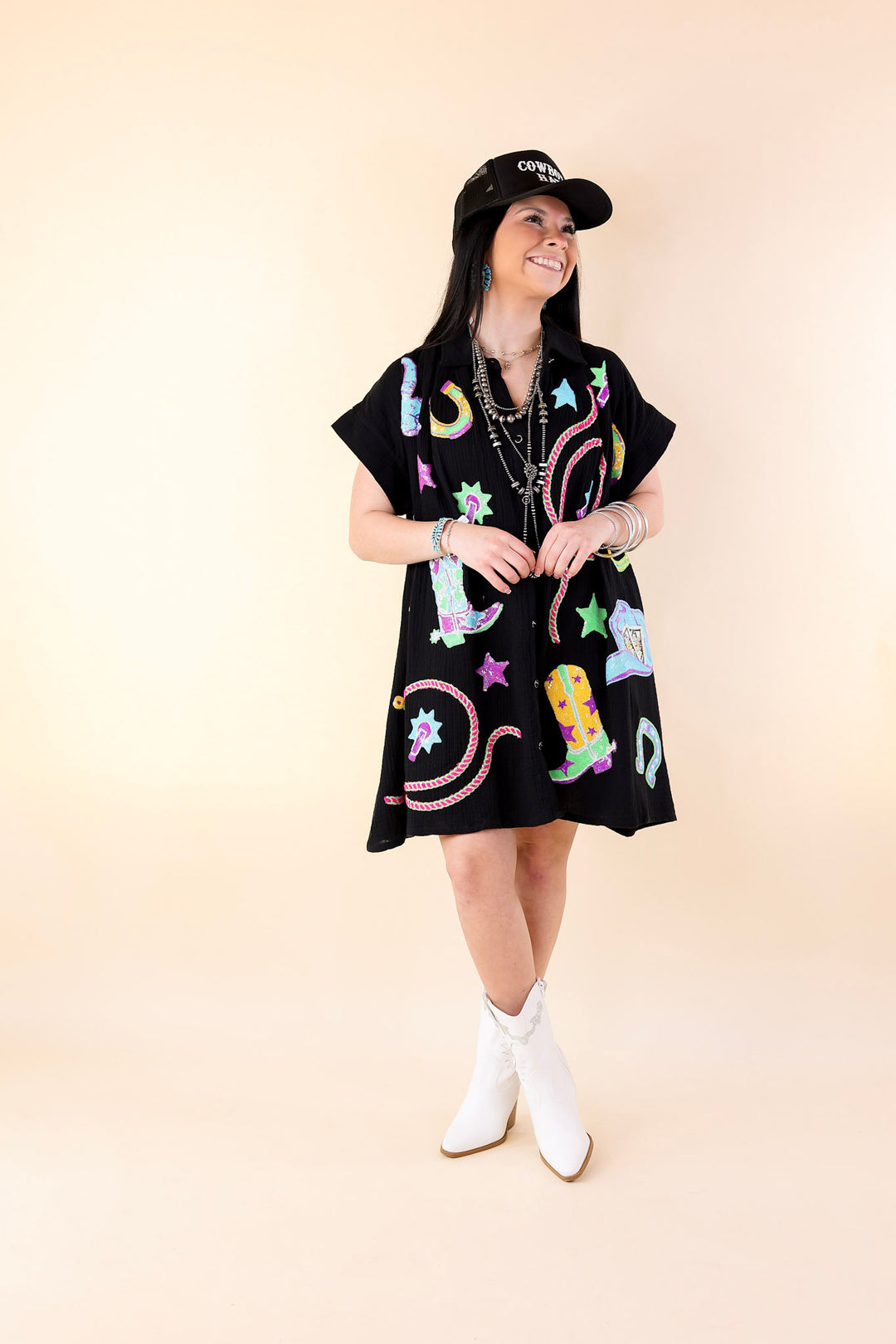 Queen Of Sparkles | Cowboy Casanova Western Icon Short Sleeve Sequin Dress in Black - Giddy Up Glamour Boutique