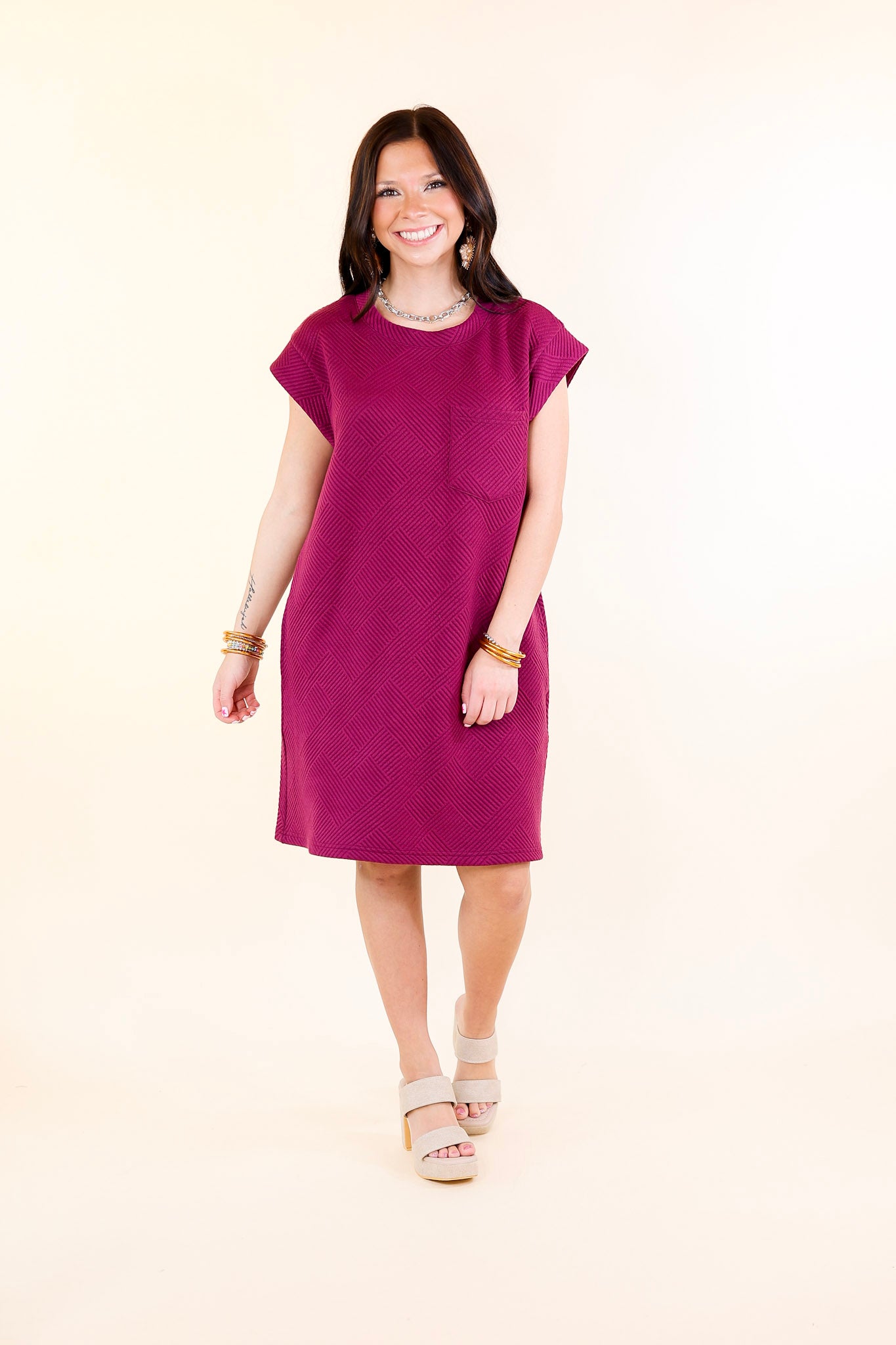 Glamour on the Go Textured Dress in Plum Purple