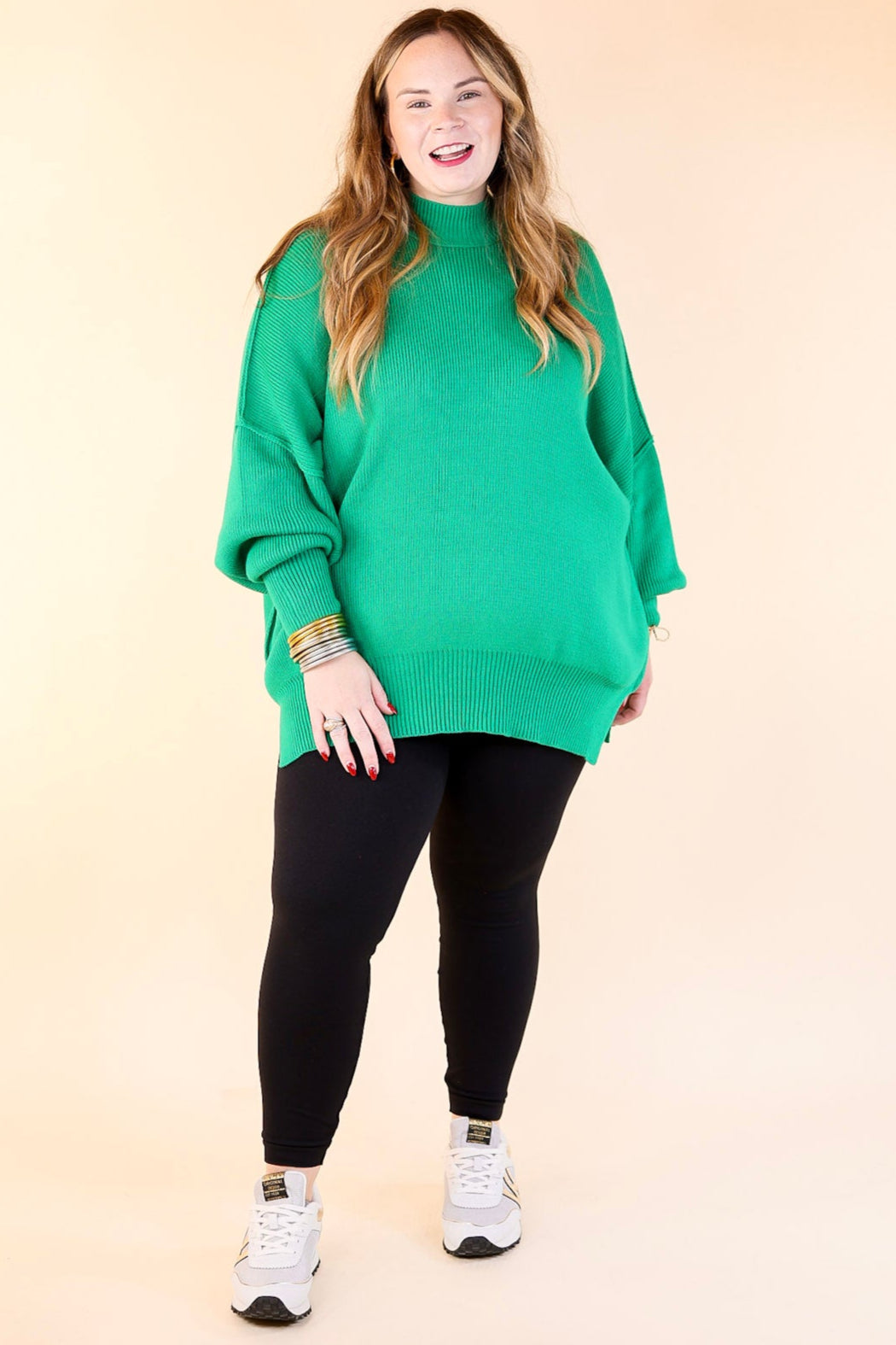 Snug and Stylish Mock Neck Sweater with Side Slit in Kelly Green