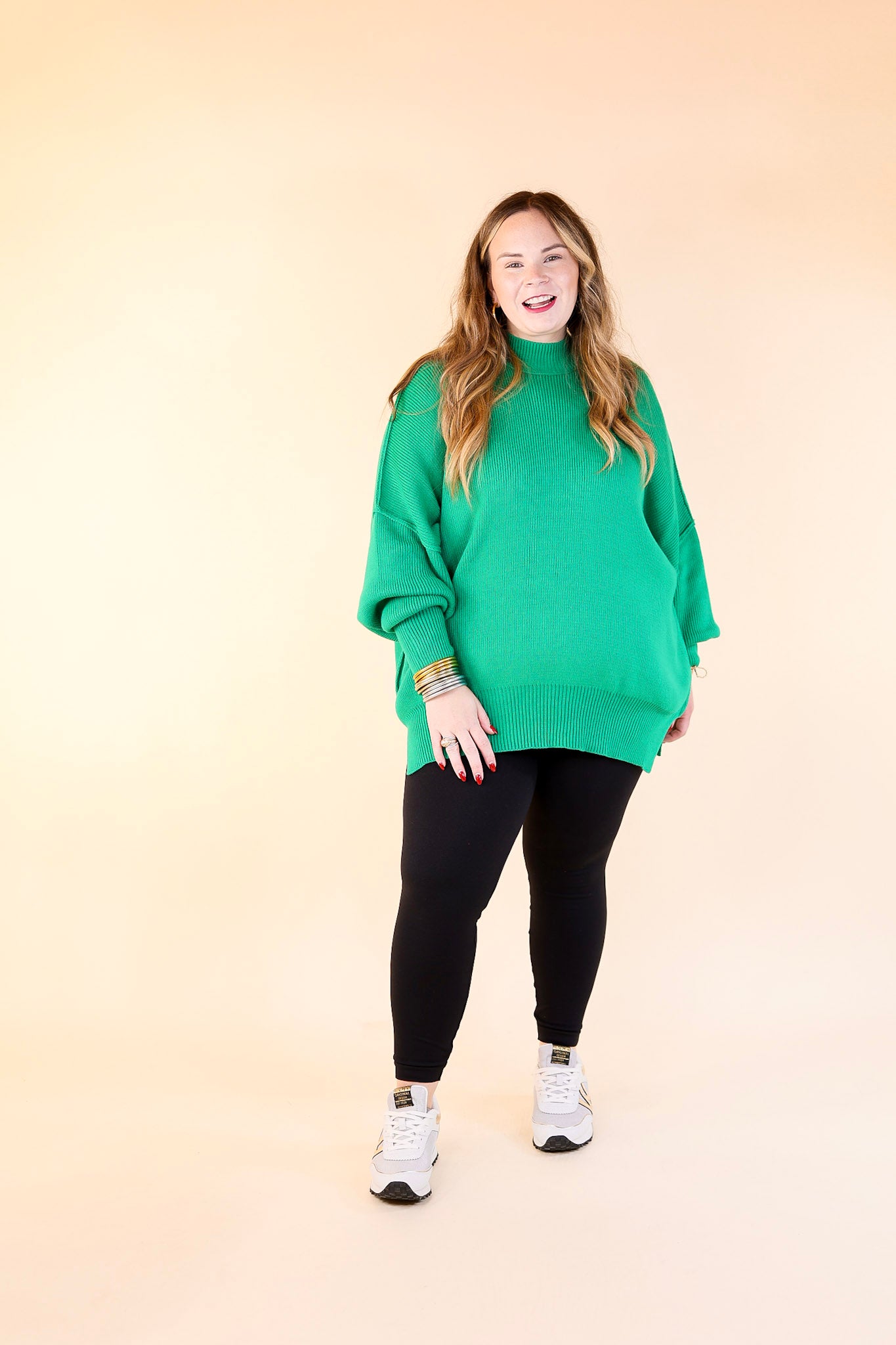 Snug and Stylish Mock Neck Sweater with Side Slit in Kelly Green