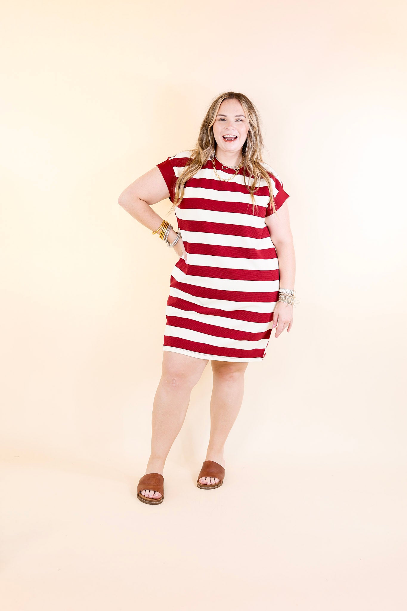 Stripe it Simple Striped Dress with Cap Sleeves in Burgundy and Cream