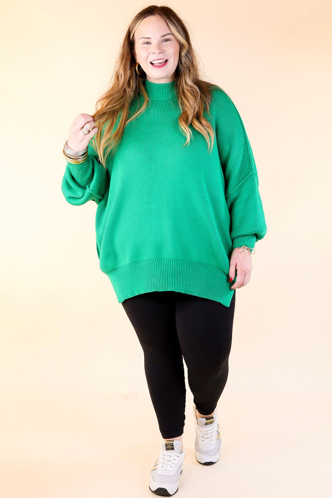 Snug and Stylish Mock Neck Sweater with Side Slit in Kelly Green