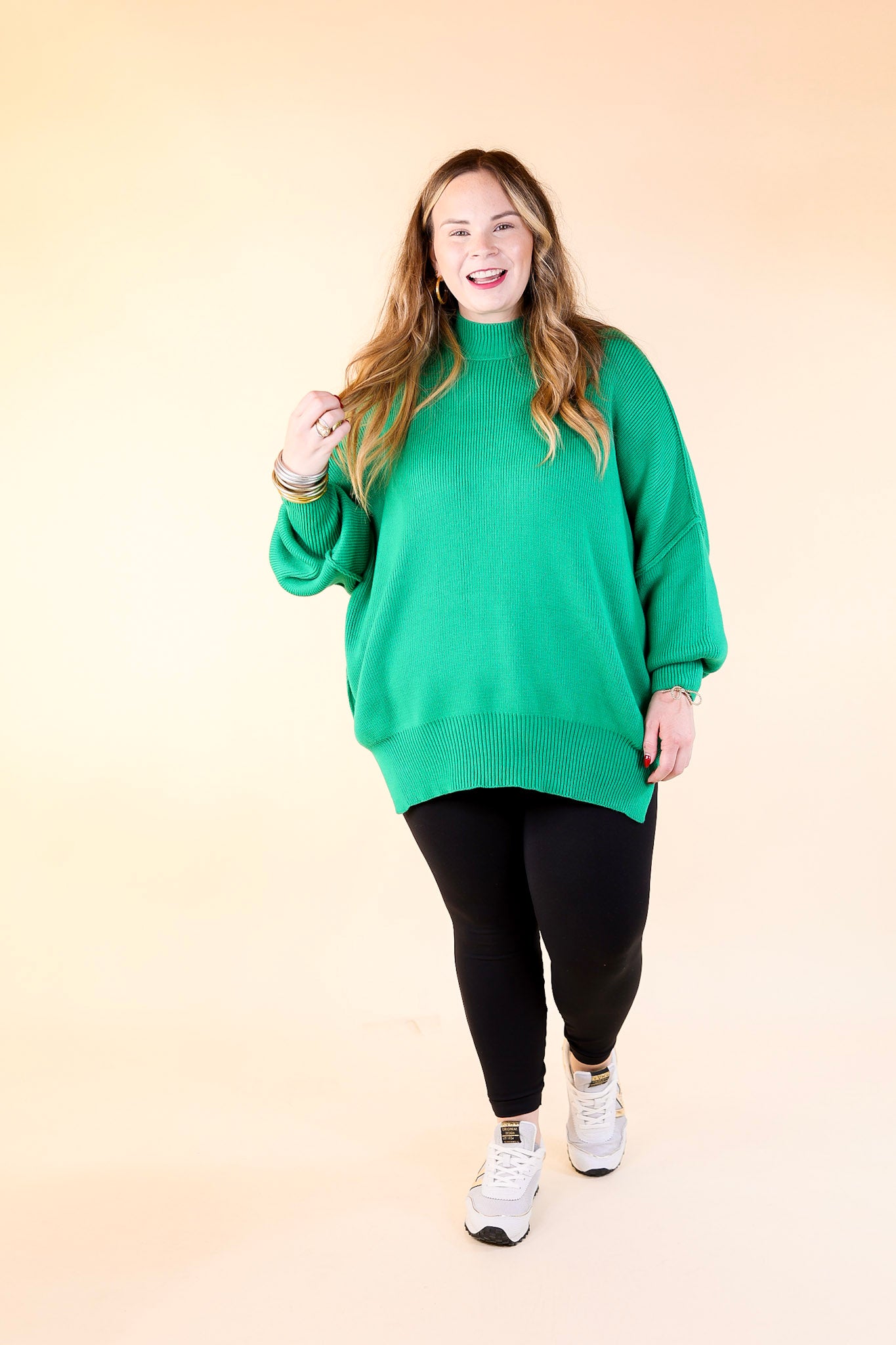 Snug and Stylish Mock Neck Sweater with Side Slit in Kelly Green