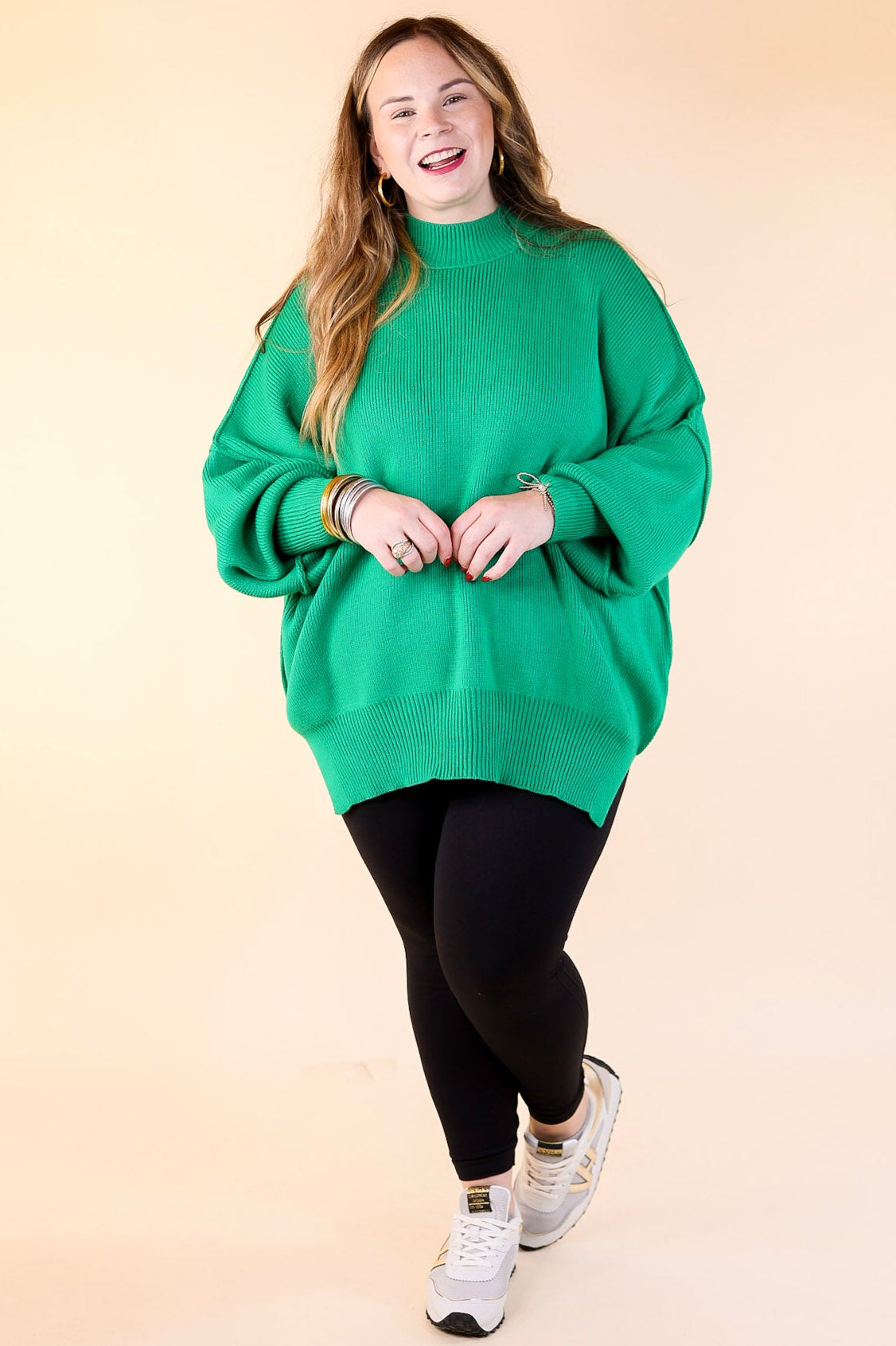 Snug and Stylish Mock Neck Sweater with Side Slit in Kelly Green