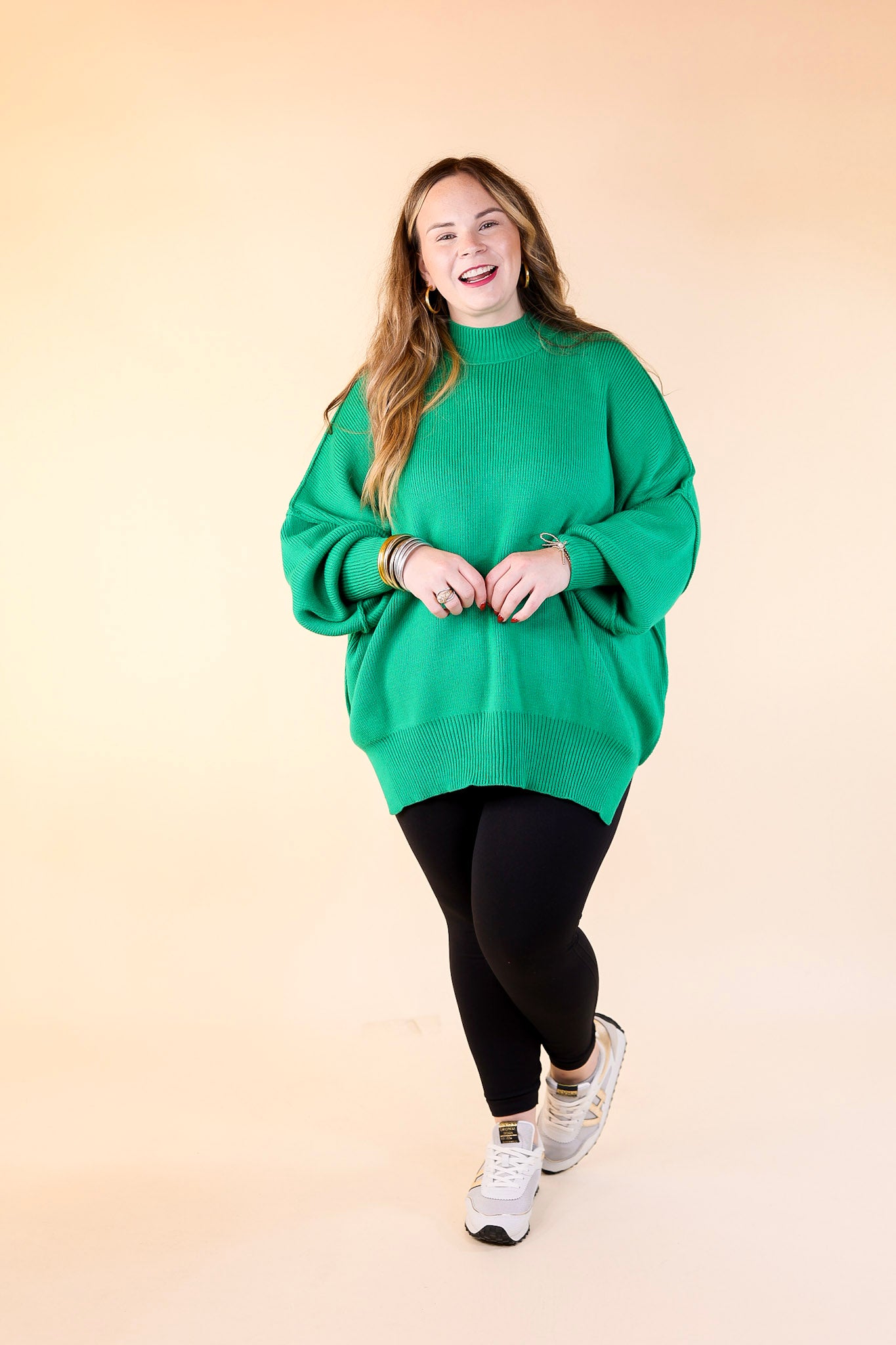 Snug and Stylish Mock Neck Sweater with Side Slit in Kelly Green