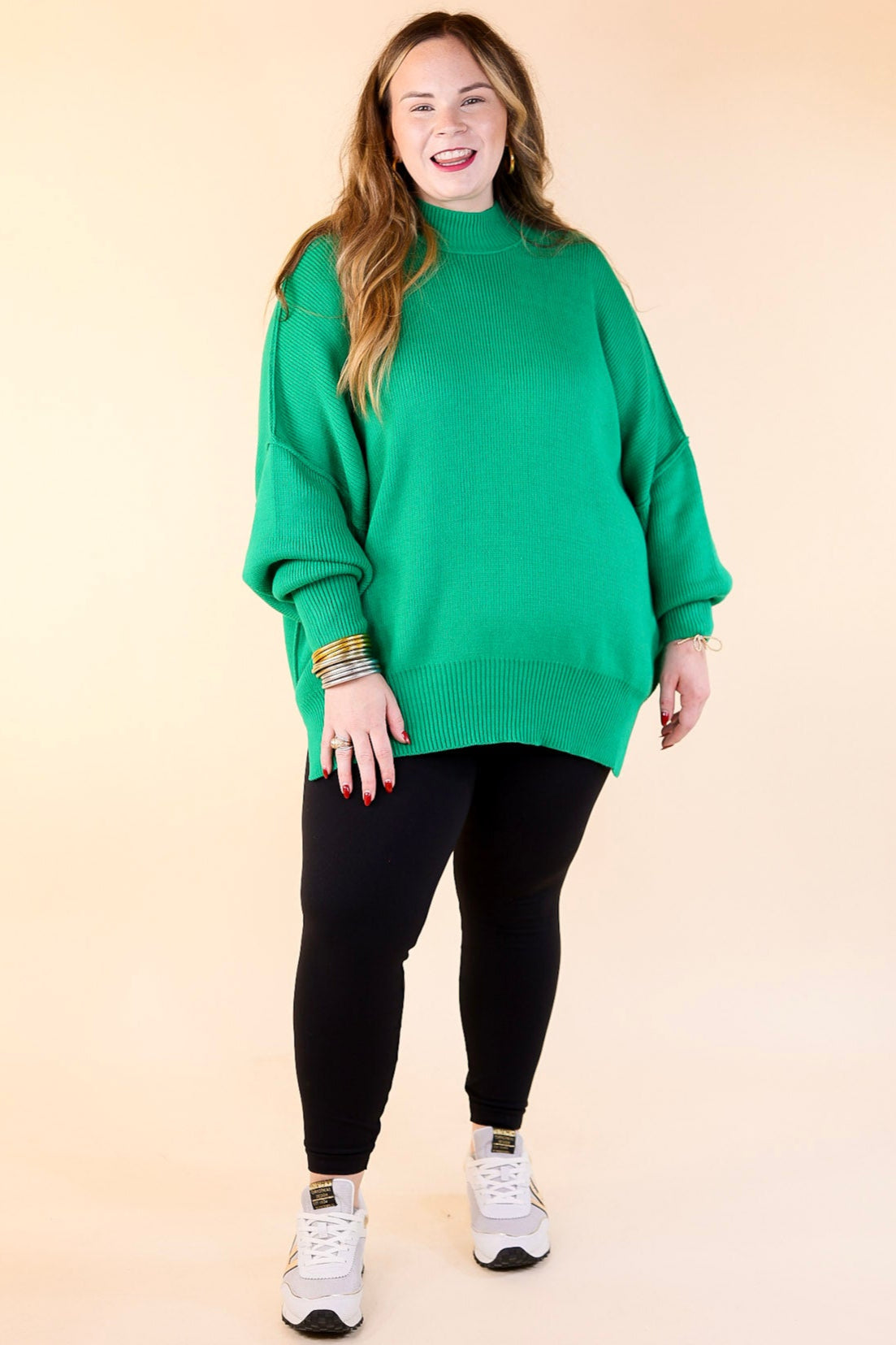 Snug and Stylish Mock Neck Sweater with Side Slit in Kelly Green