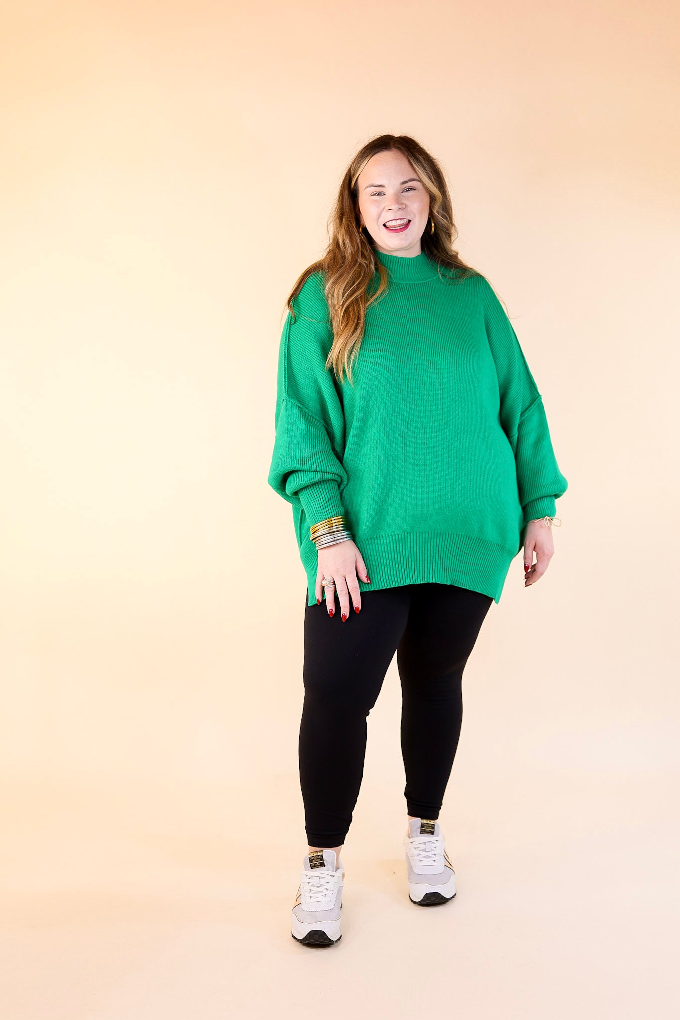 Snug and Stylish Mock Neck Sweater with Side Slit in Kelly Green