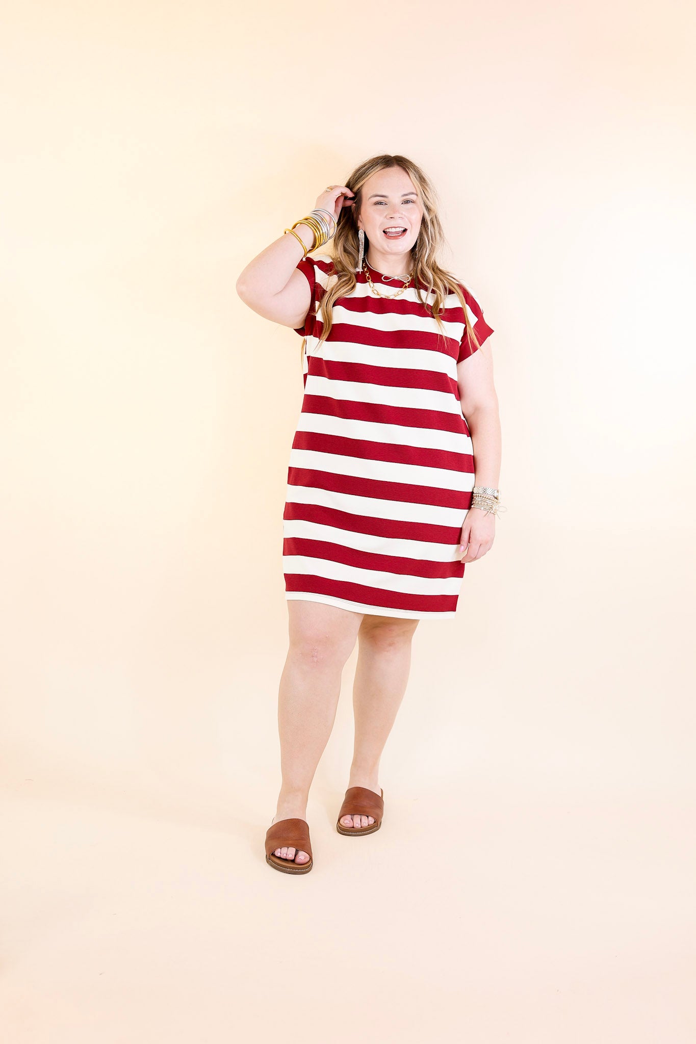 Stripe it Simple Striped Dress with Cap Sleeves in Burgundy and Cream