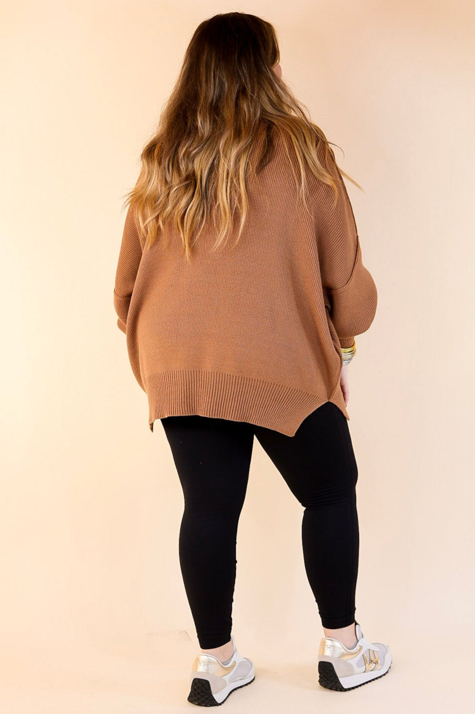 Snug and Stylish Mock Neck Sweater with Side Slit in Camel Brown