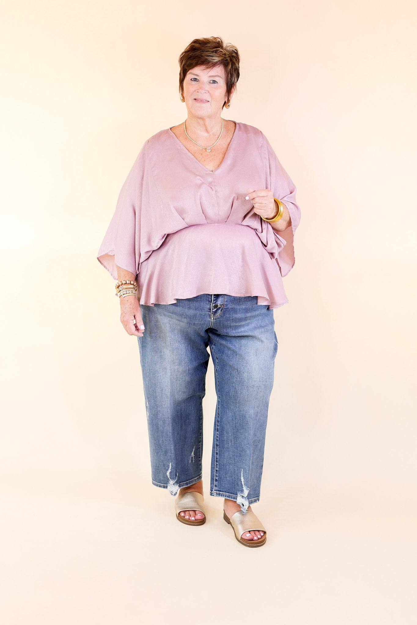 Hear the Music Drop Sleeve Satin V Neck Peplum Top in Dusty Lilac Purple