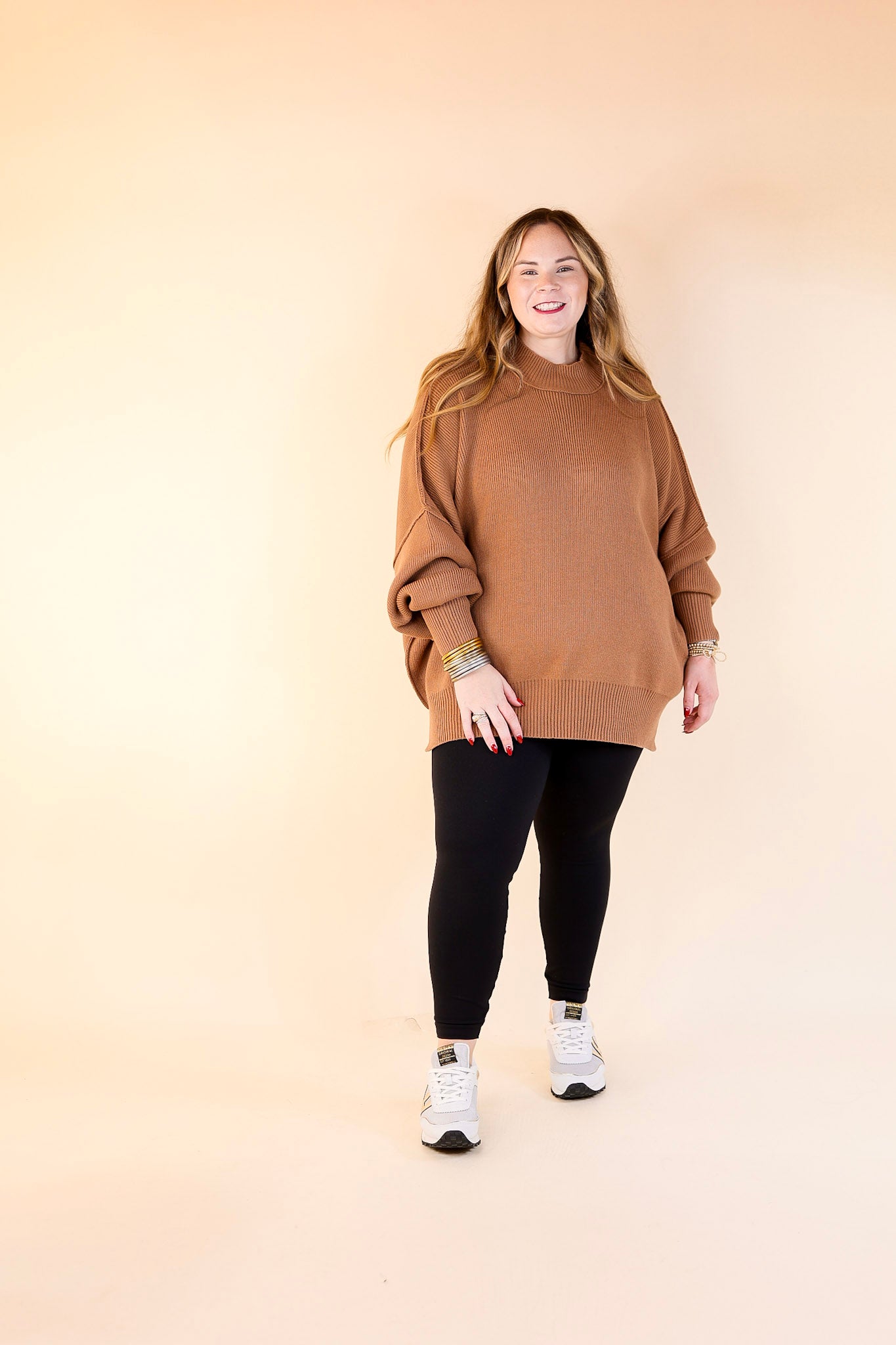 Snug and Stylish Mock Neck Sweater with Side Slit in Camel Brown