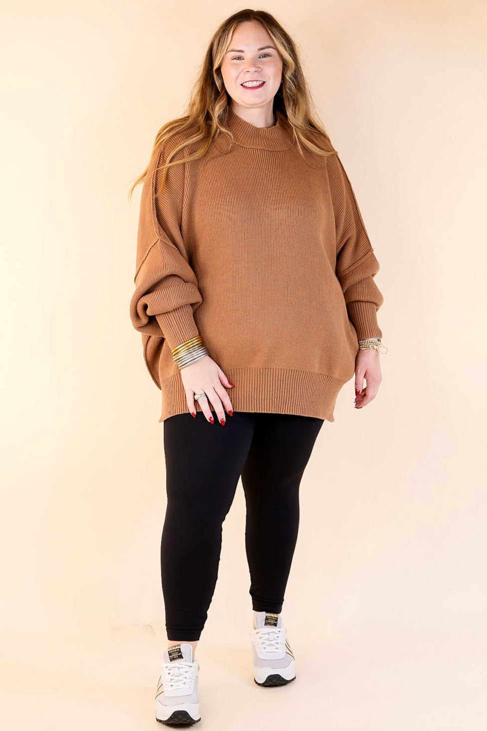 Snug and Stylish Mock Neck Sweater with Side Slit in Camel Brown