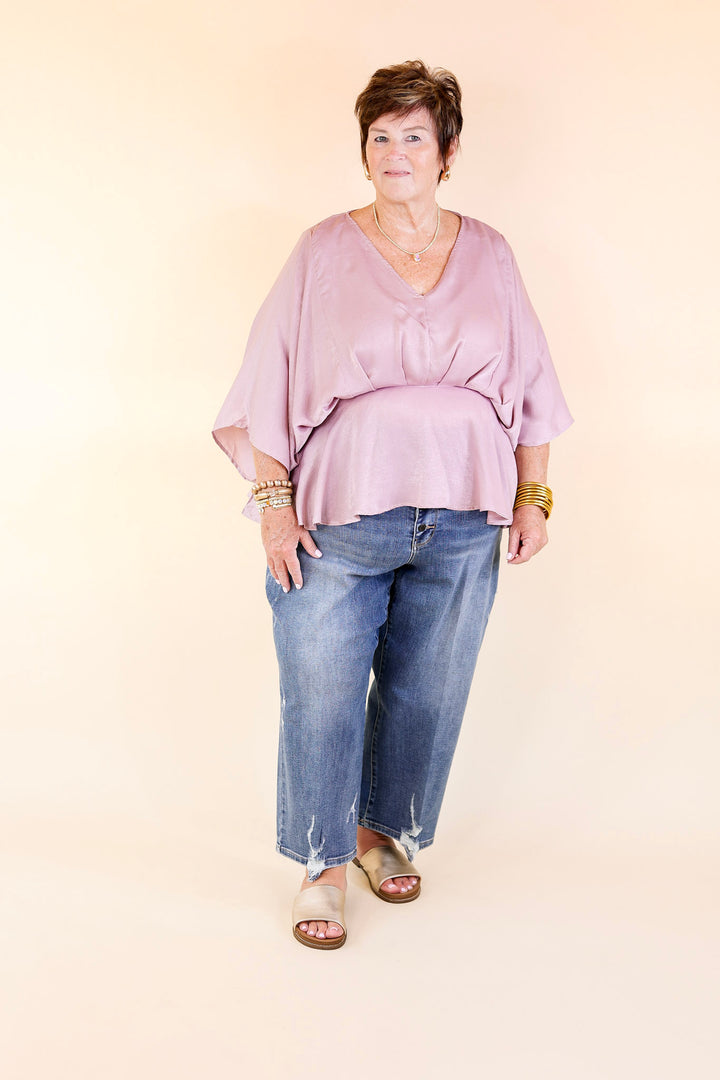 Hear the Music Drop Sleeve Satin V Neck Peplum Top in Dusty Lilac Purple
