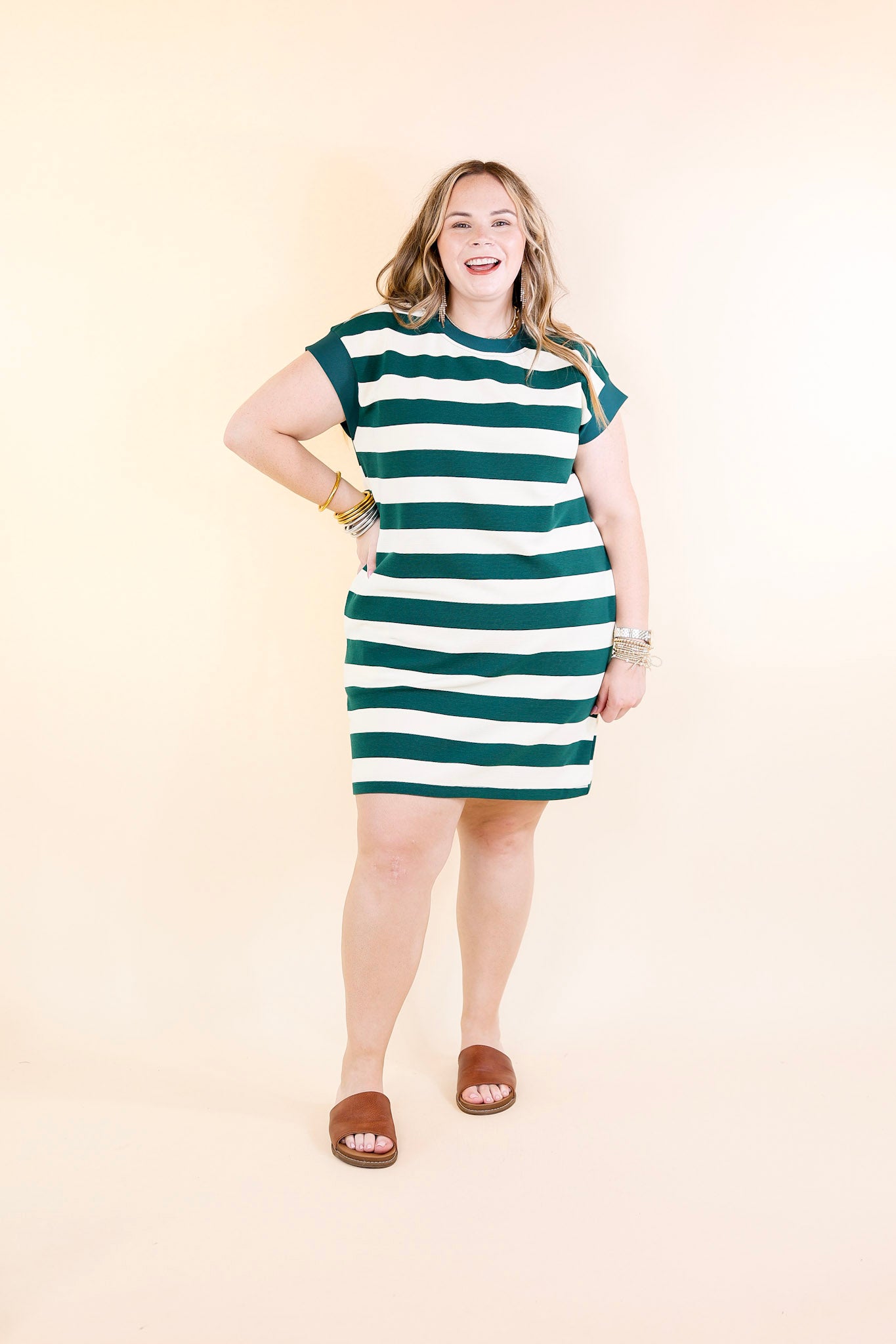 Stripe it Simple Striped Dress with Cap Sleeves in Forest Green and Cream