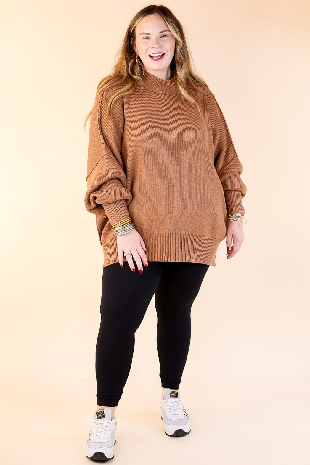 Snug and Stylish Mock Neck Sweater with Side Slit in Camel Brown