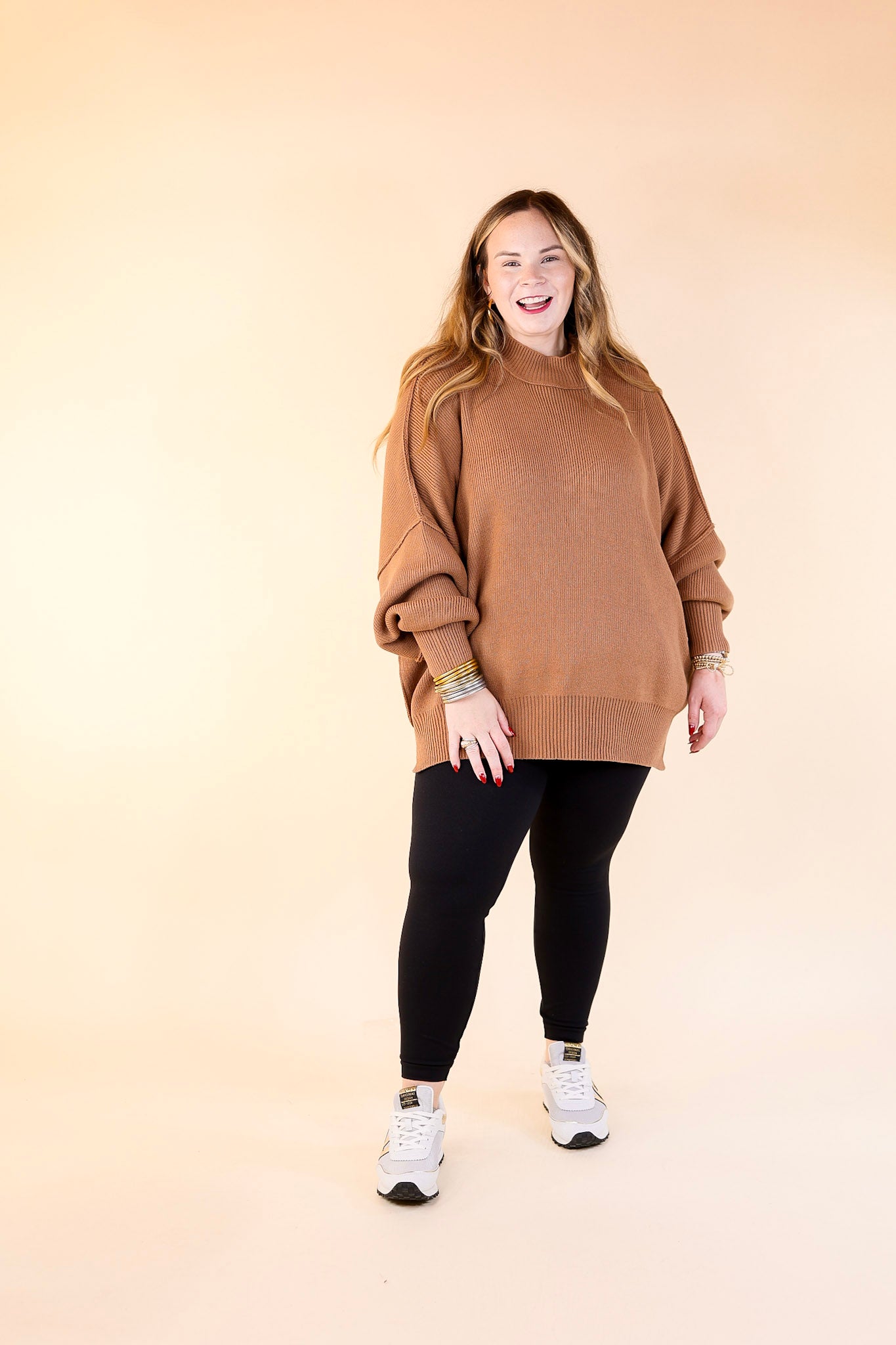 Snug and Stylish Mock Neck Sweater with Side Slit in Camel Brown