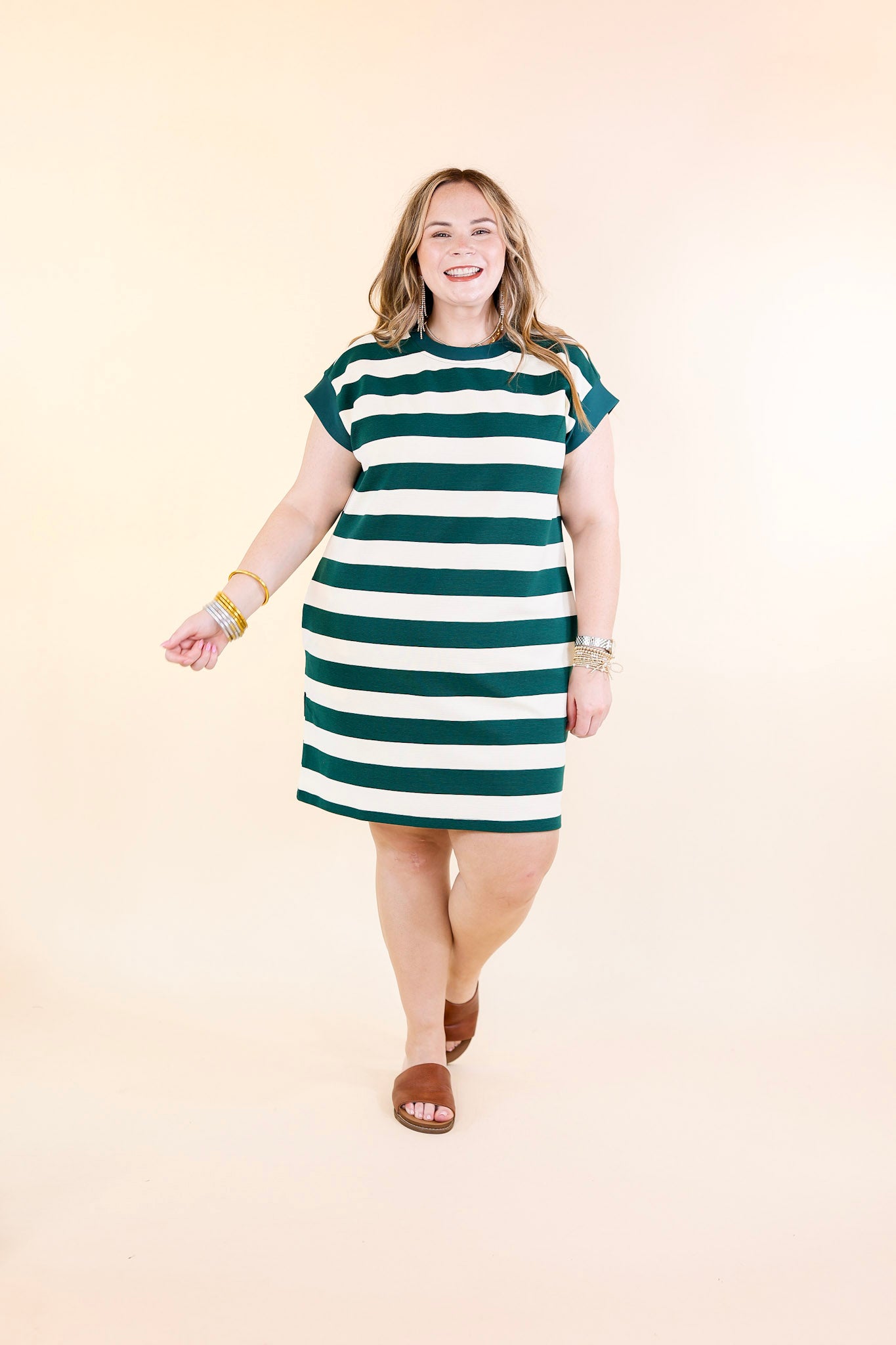 Stripe it Simple Striped Dress with Cap Sleeves in Forest Green and Cream