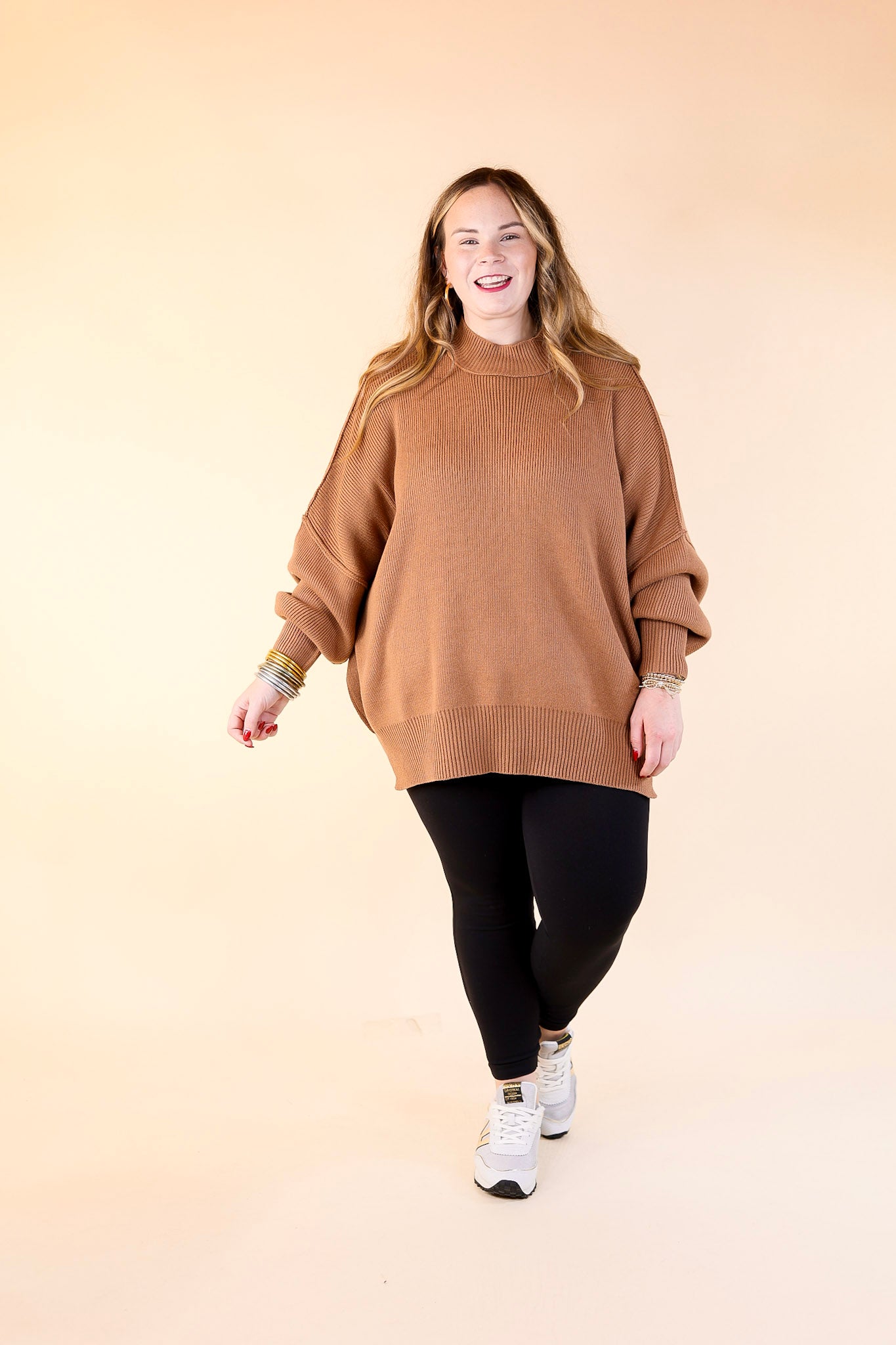 Snug and Stylish Mock Neck Sweater with Side Slit in Camel Brown