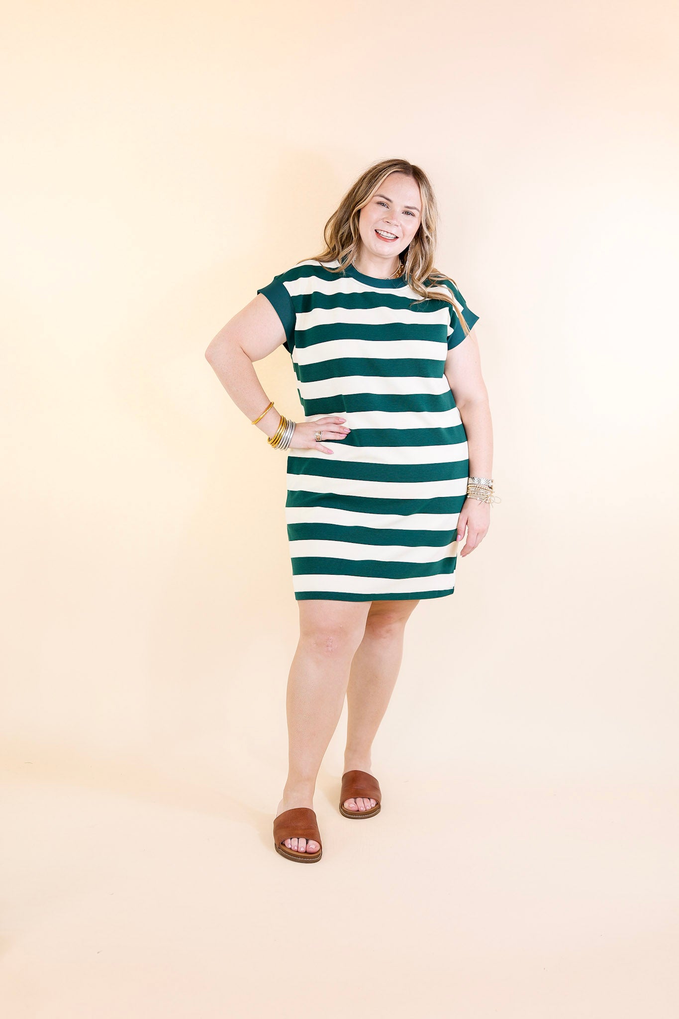 Stripe it Simple Striped Dress with Cap Sleeves in Forest Green and Cream