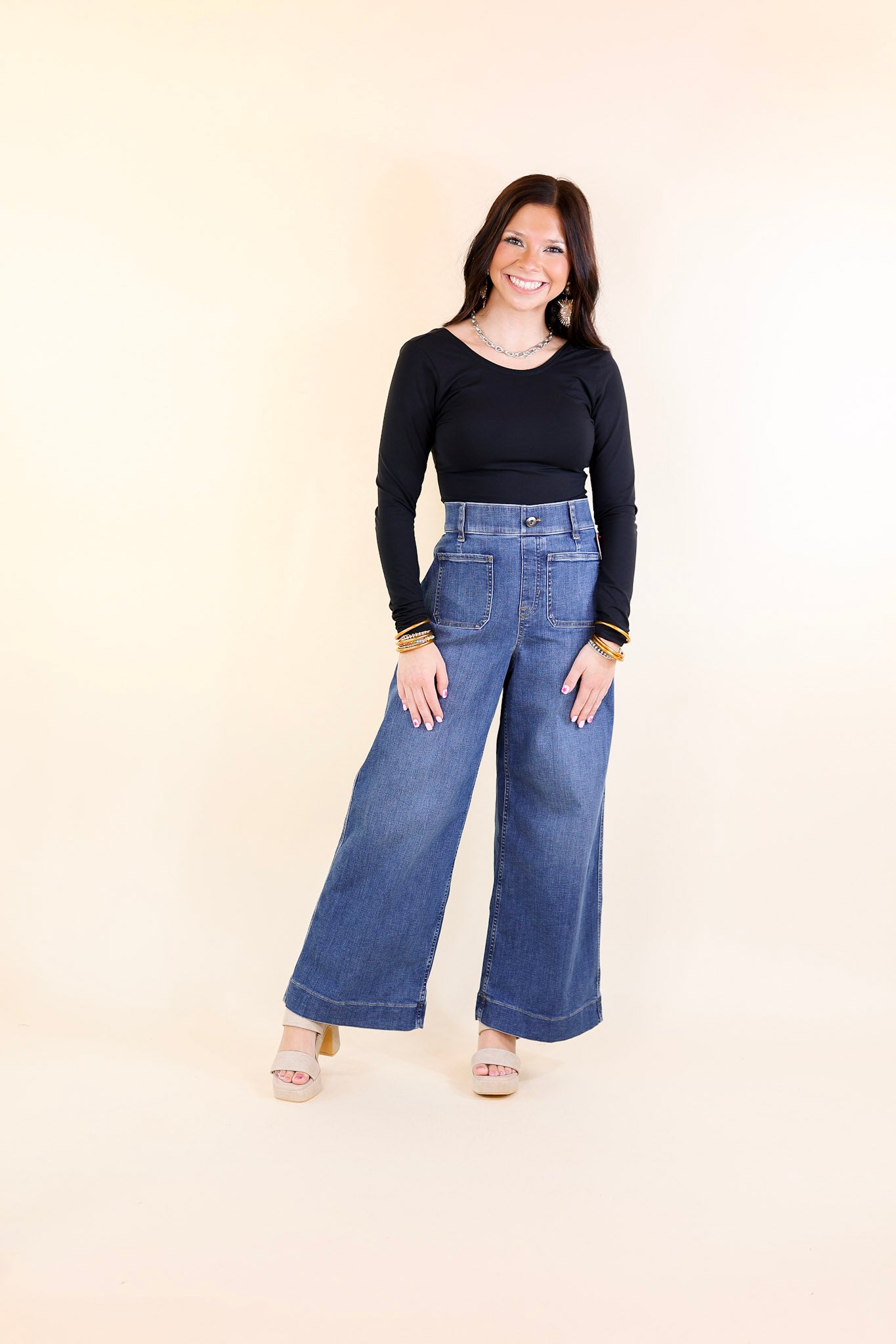 SPANX | EveryWear Cropped Wide Leg Denim Jeans with Patch Pockets