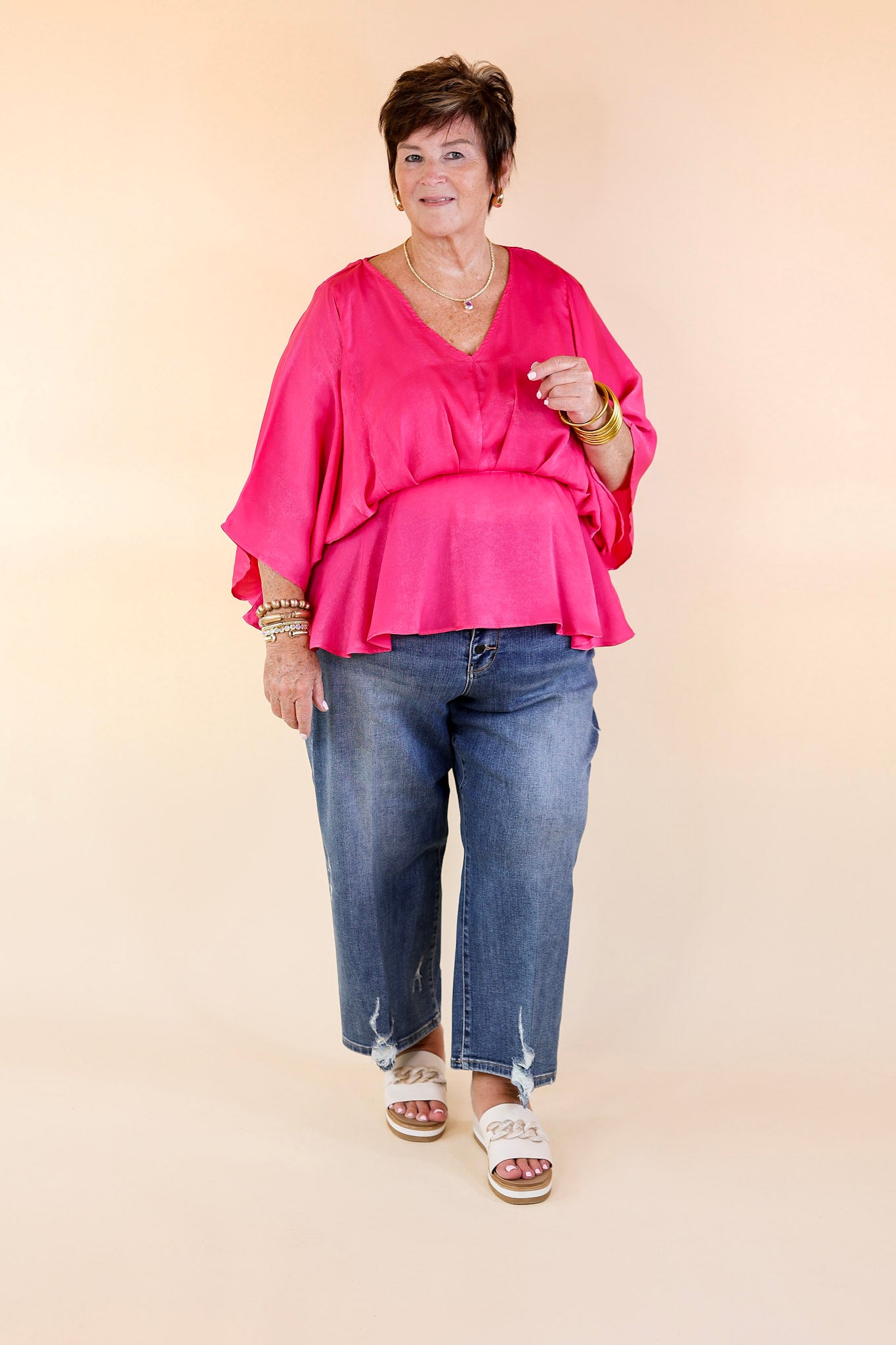 Hear the Music Drop Sleeve Satin V Neck Peplum Top in Hot Pink