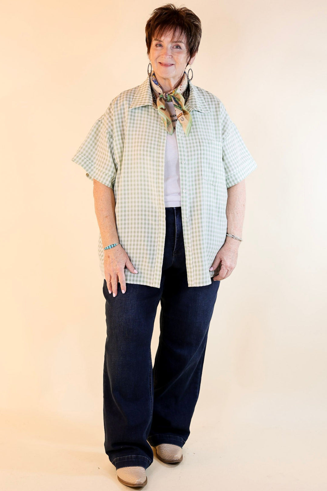 What A Rush Button Up Gingham Short Sleeve Top in Sage Green