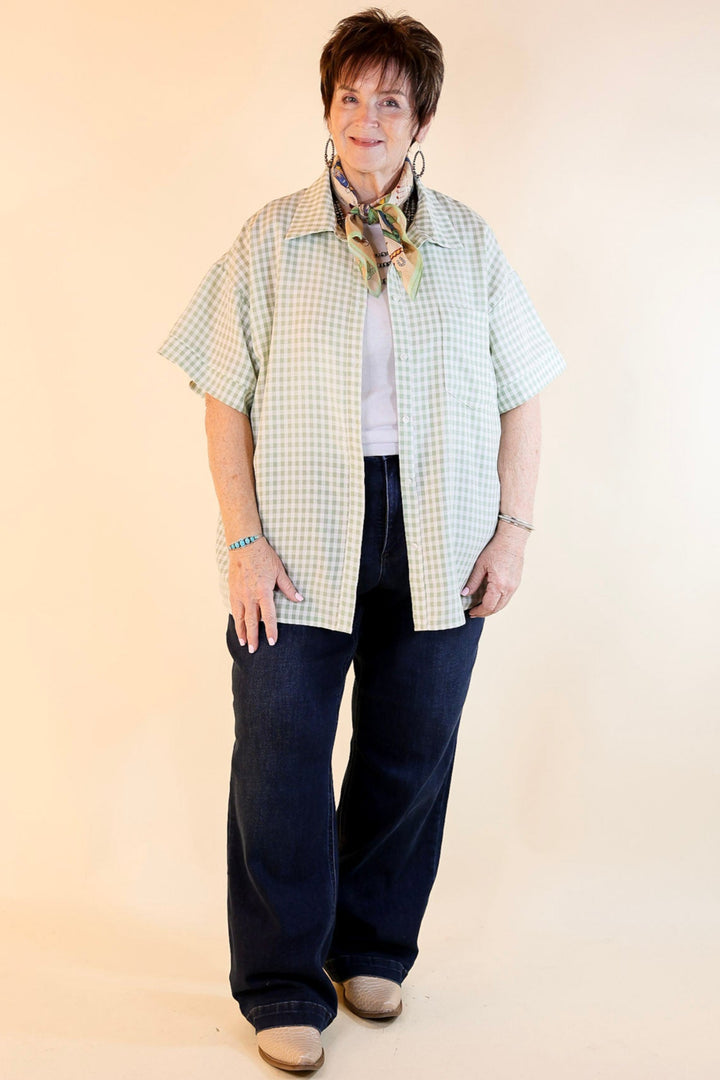 What A Rush Button Up Gingham Short Sleeve Top in Sage Green