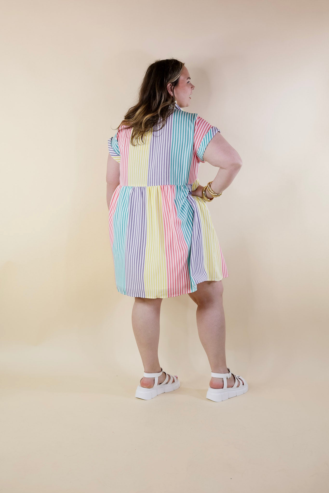 Spring Symphony Multi Color Striped Dress with Collar - Giddy Up Glamour Boutique