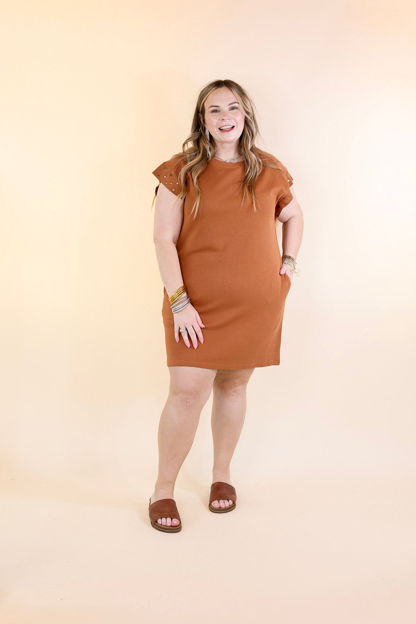 Graceful Glimpse Dress with Gold Stud Detail in Brown